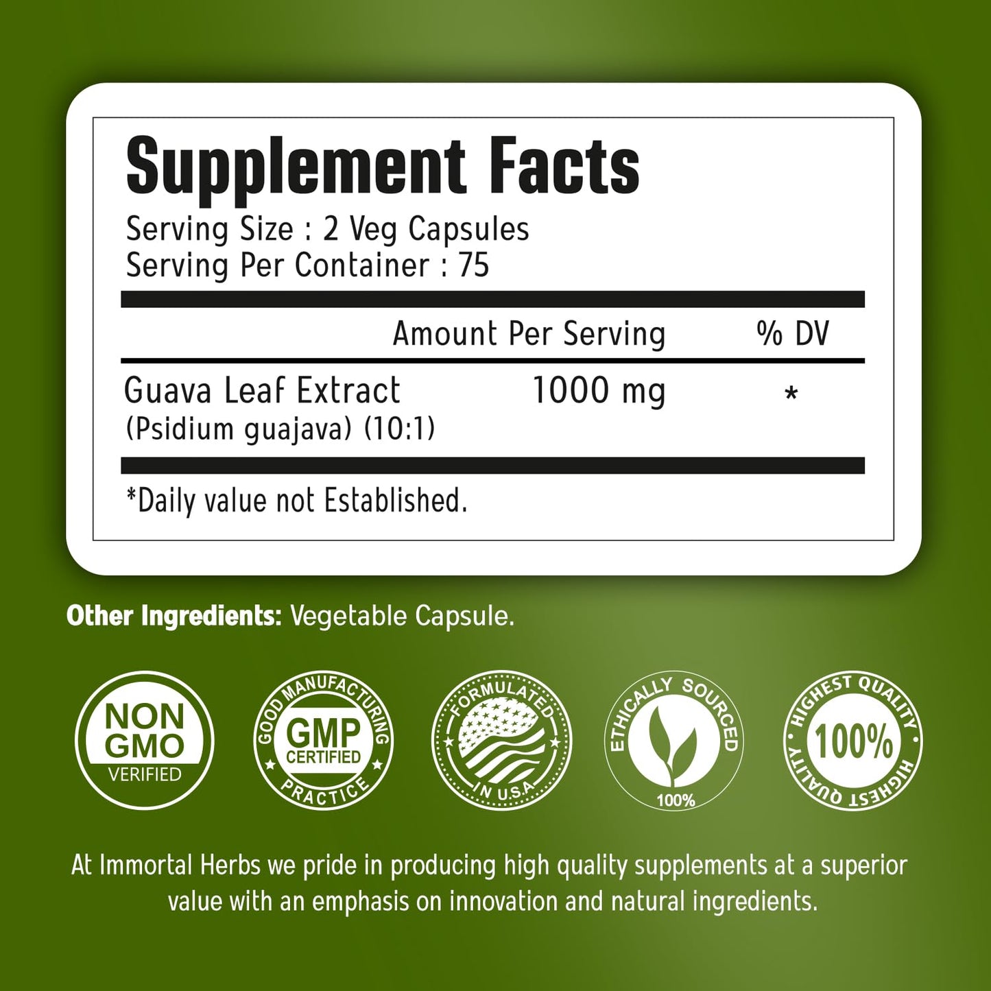 Immortal Herbs Guava Leaf Extract 1000mg 10:1 Extra Strength Capsules, 150 Count