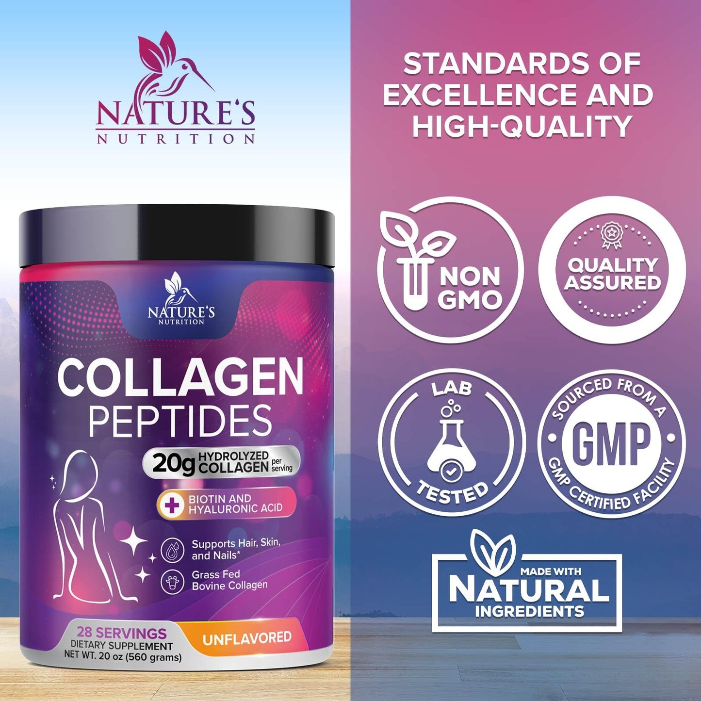 Nature's Nutrition Collagen Peptides Powder Hydrolyzed Type 1 & 3 20 g per serving