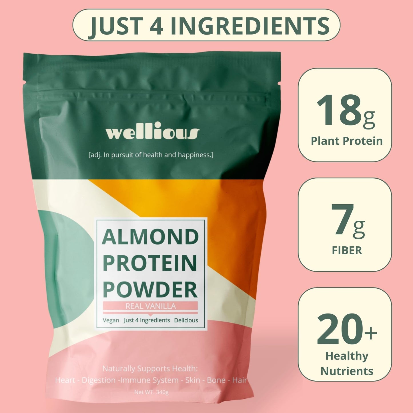 wellious Almond Protein Powder 3-Pack (Vanilla, Chocolate, Unflavored) - 18 g Vegan Protein Powder - Gluten-Free, Soy-Free