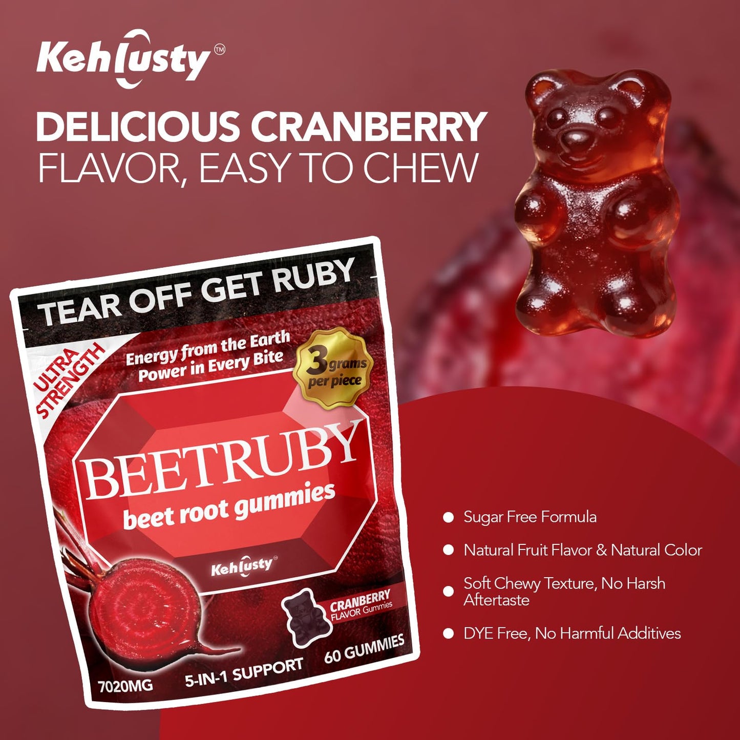 KEHLUSTY Beet Root Gummies 60 Gummies