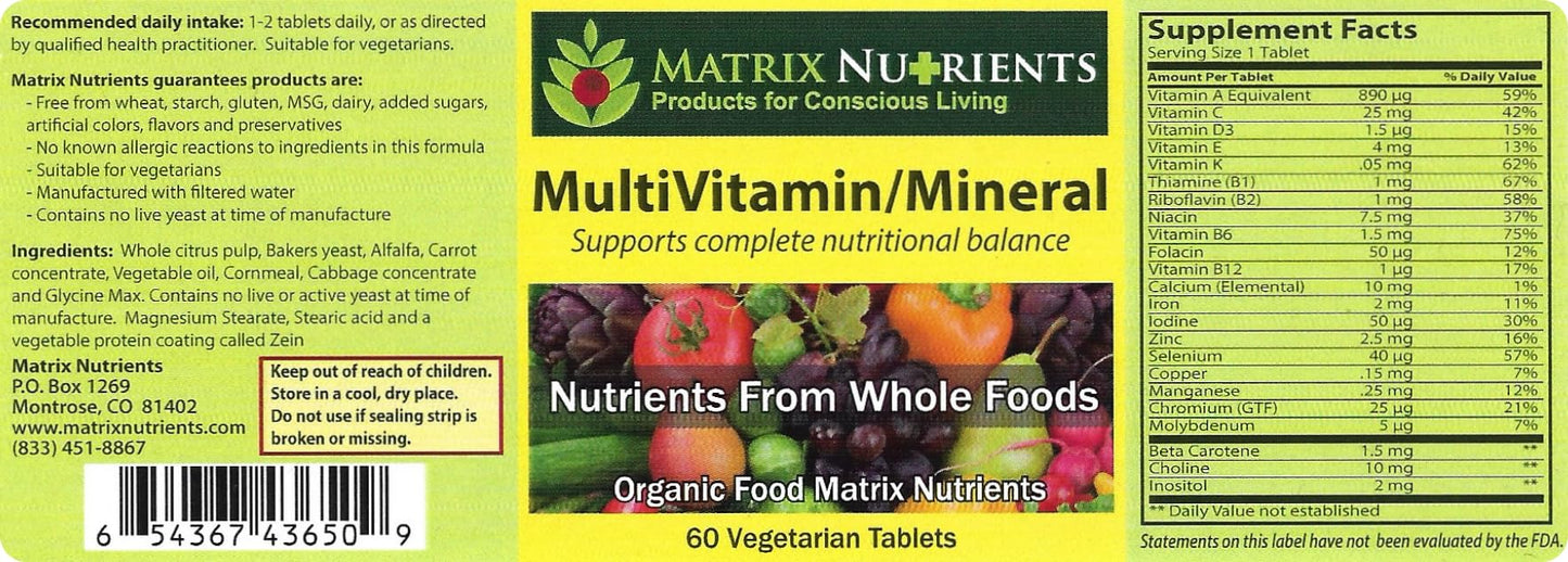 Matrix Nutrients Multivitamin - Mineral, 100% Organic Whole Food, Complete Multivitamin, Vegan Tablets, 60 Count