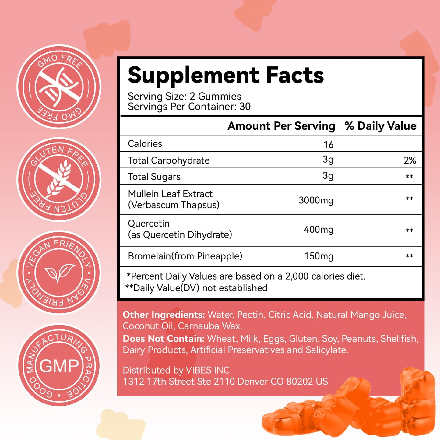 Agumoon Mullein Gummies, Extra Strength Mullein Leaf Extract with Quercetin & Bromelain, Mango Flavor, 120 Count