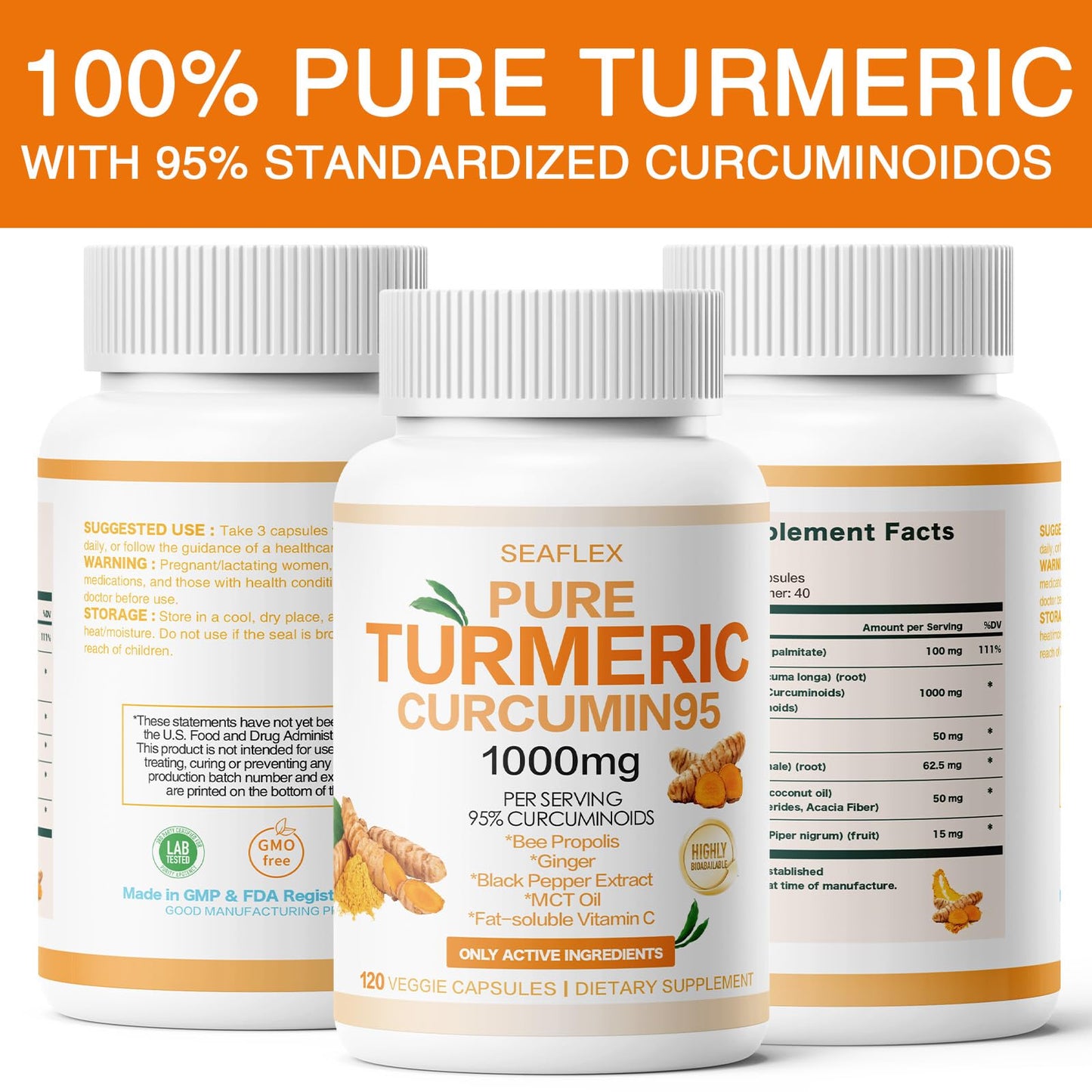 SEAFLEX Turmeric Curcumin Supplement 1000mg, 95% Curcuminoids with Bee Propolis, 240 Capsules