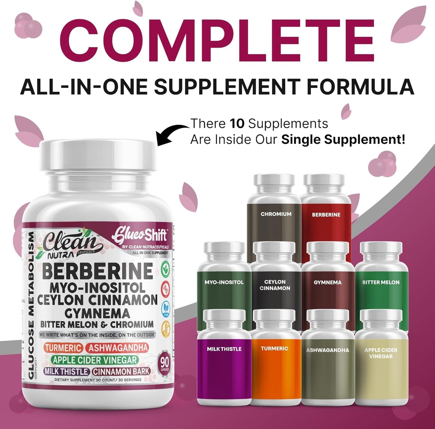 Clean Nutraceuticals Berberine Supplement with Myo-Inositol, Ceylon Cinnamon, Gymnema, Bitter Melon & Chromium Complex, Vegan Capsules, 90 Count