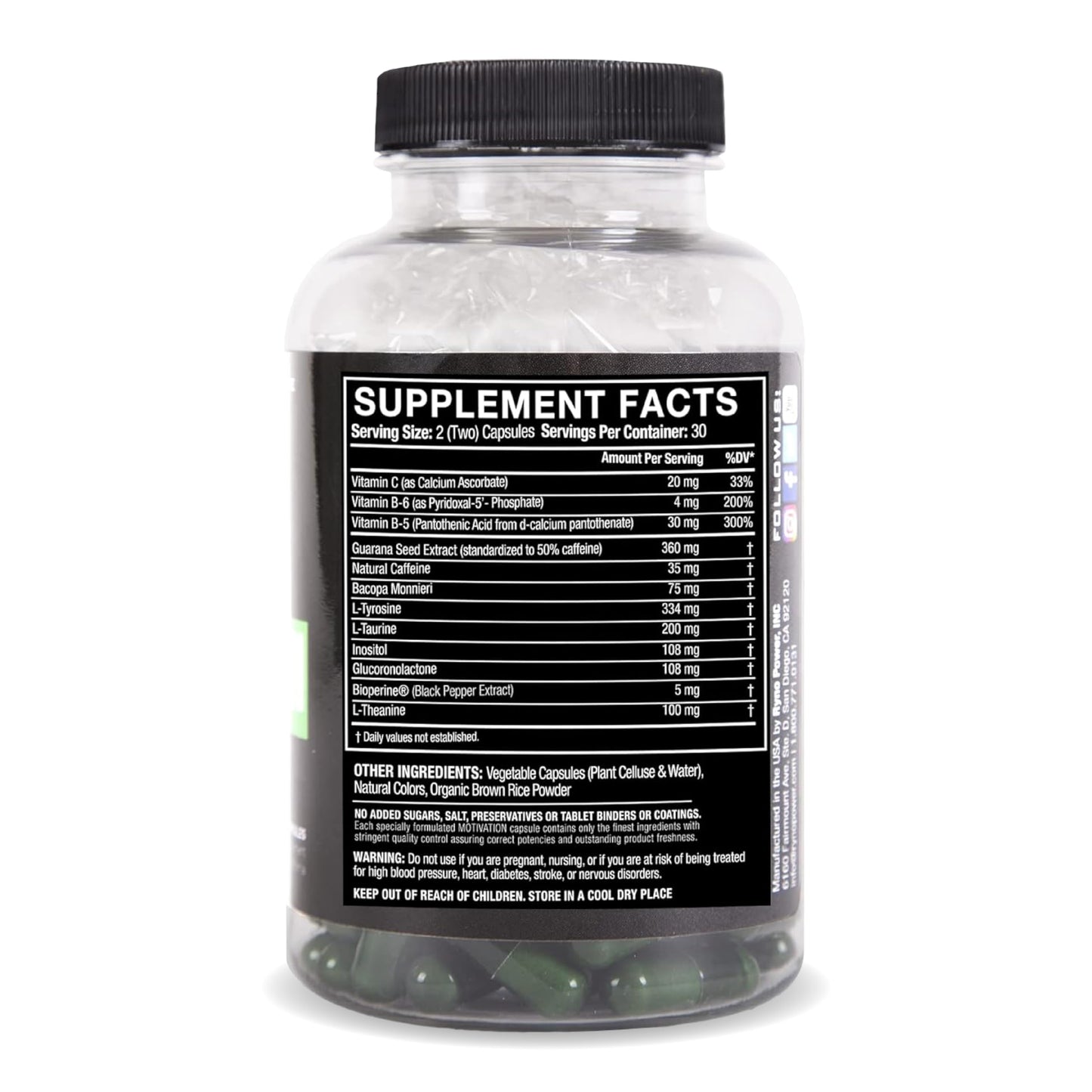 Ryno Power Motivation Pre-Workout Focus Energy Supplement Capsules, 60 Count