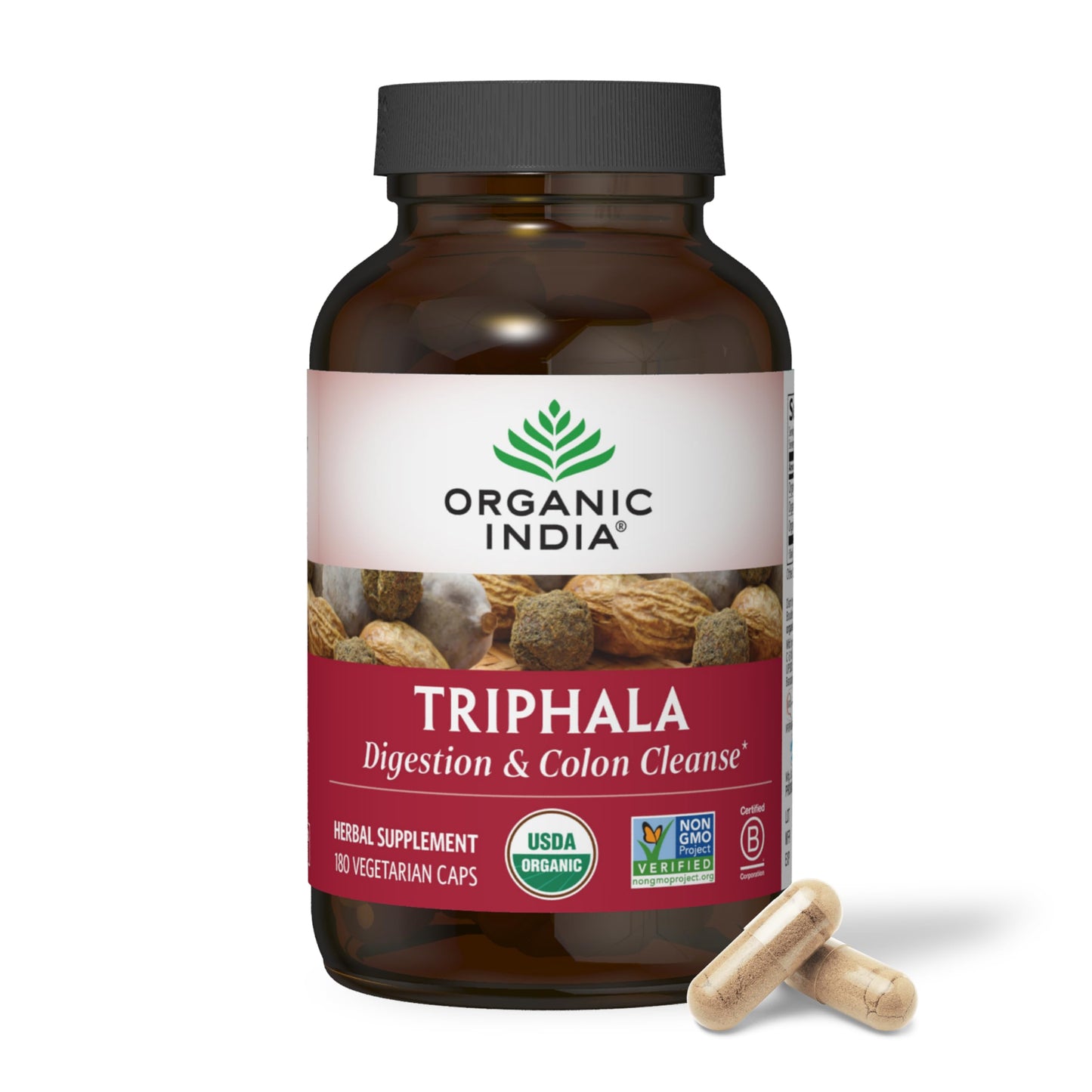 ORGANIC INDIA Triphala Capsules Organic - Herbal Supplement with Amla, Bibhitaki, Haritaki, Digestion & Colon Support, Immune System Support, Adaptogen, Vegan, USDA Certified Organic, 180 Capsules