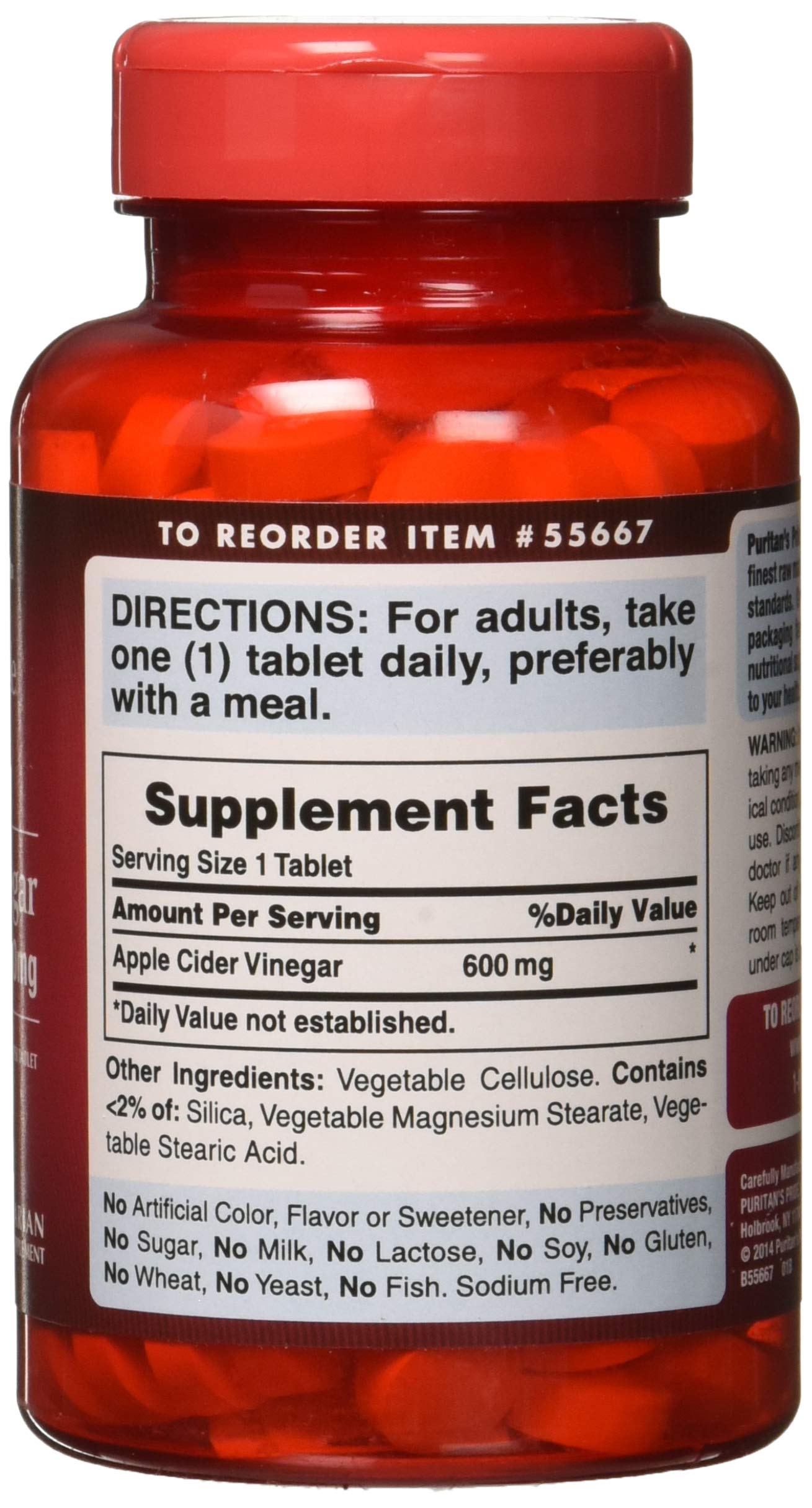 Puritan's Pride Apple Cider Vinegar 600 mg, 200 Tablets