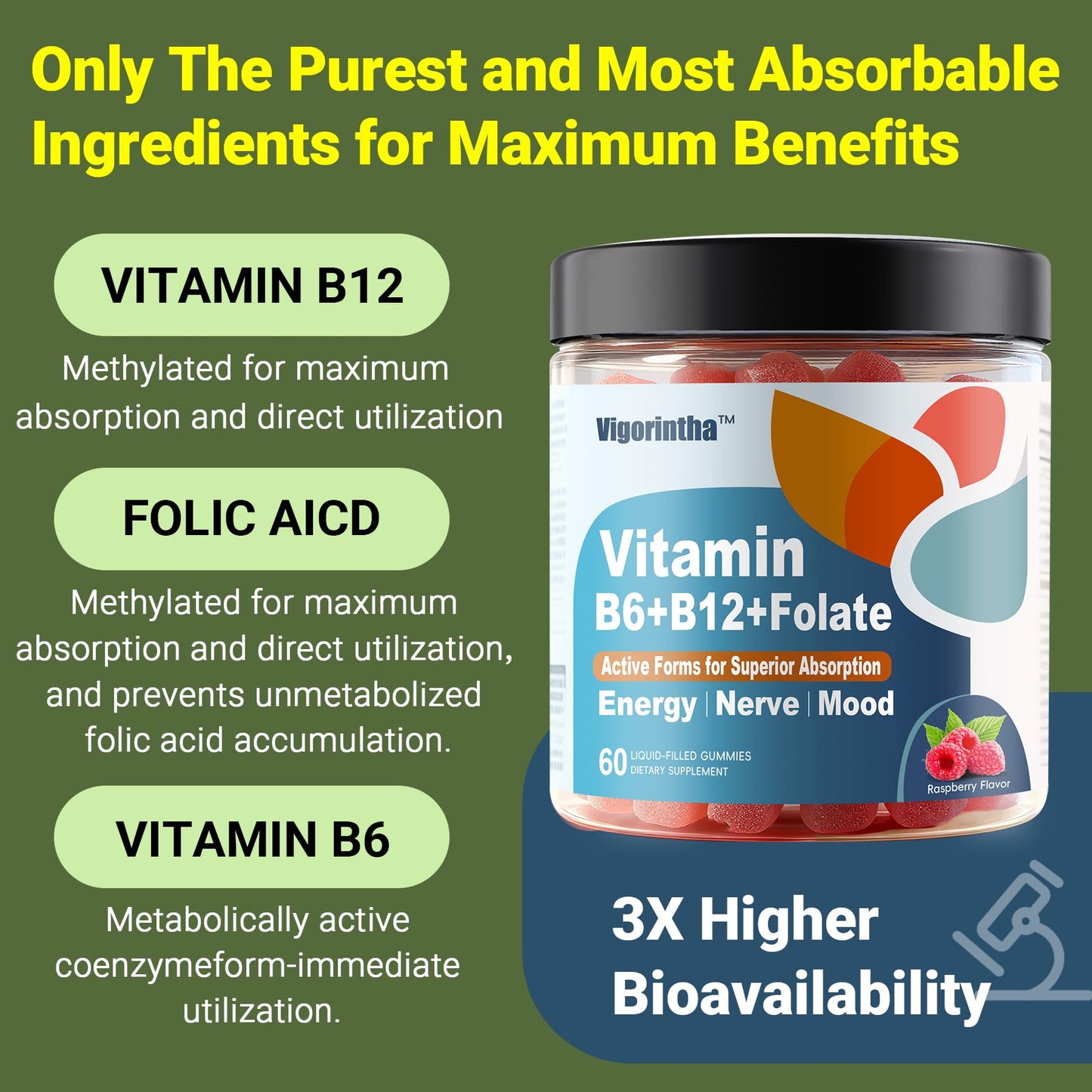 Vigorintha Methylated Vitamin B6, B12 & Folate Gummies, 60 Count