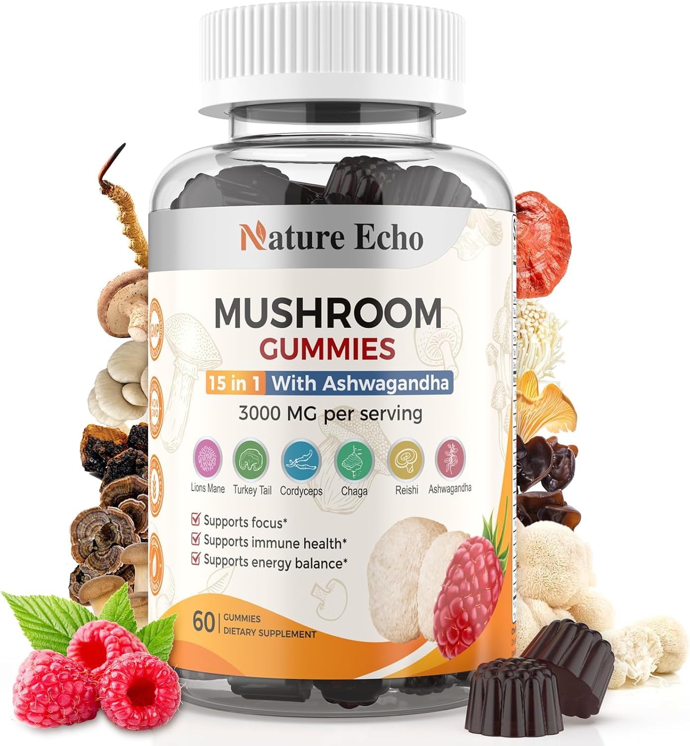 Nature Echo 15 in 1 Mushroom Complex & Ashwagandha Gummies 60 Count