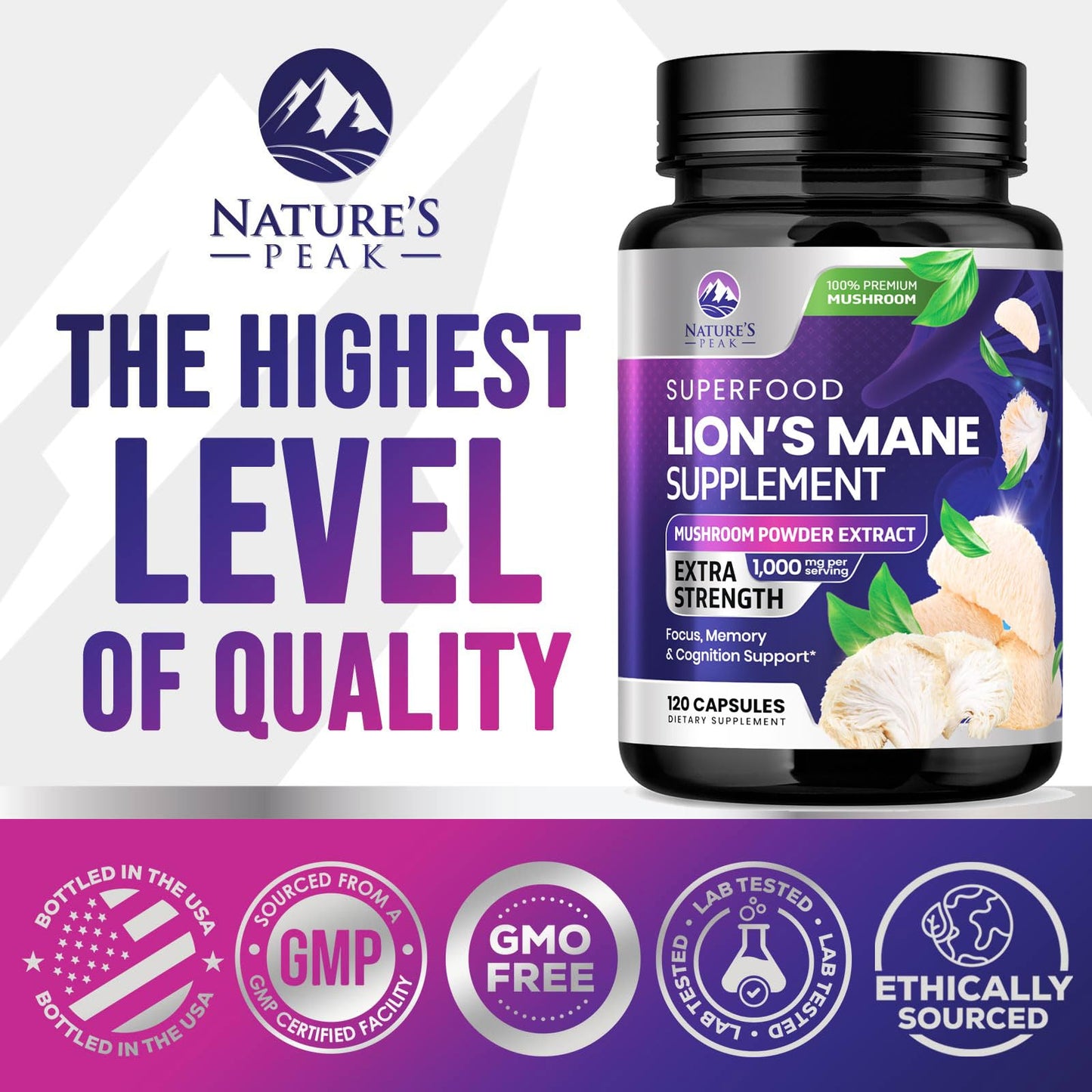 Nature's Peak Lions Mane Supplement Capsules 1000mg per Serving, Extra Strength Lions Mane Mushroom, Brain and Immune Health Support, 120 Capsules