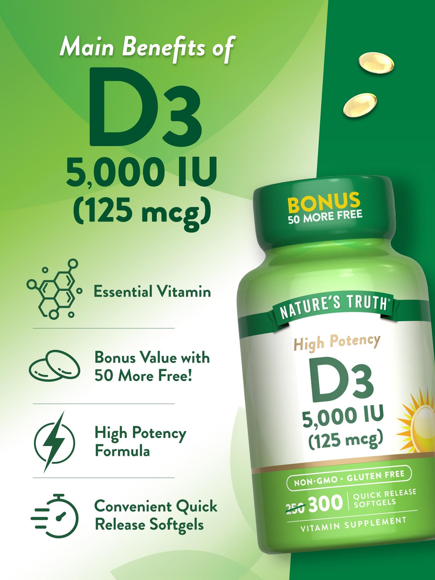 Nature's Truth Vitamin D3 5000 IU (125 mcg) Softgels 300