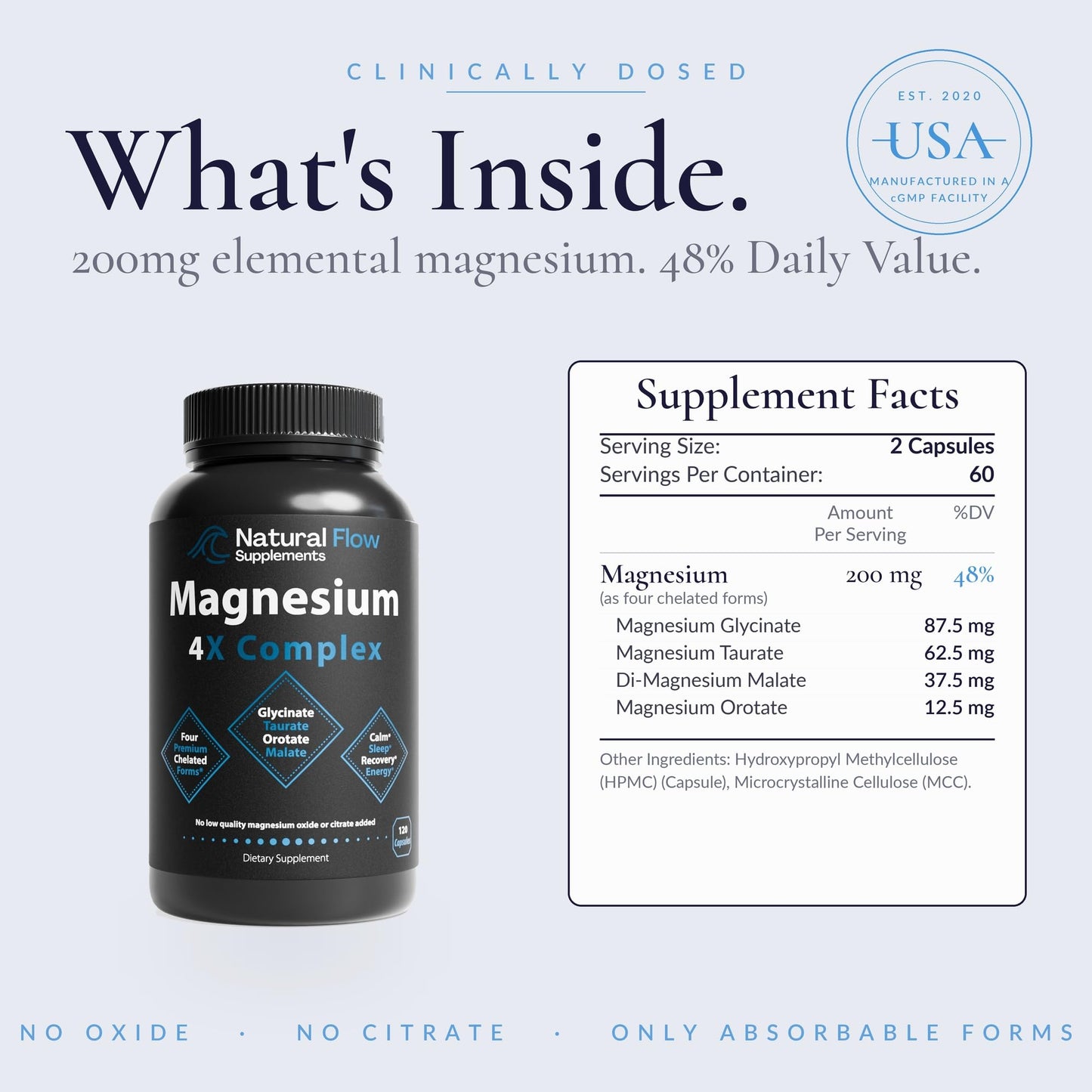 Natural Flow Supplements Magnesium 4X Complex 200 mg Elemental 120 Capsules