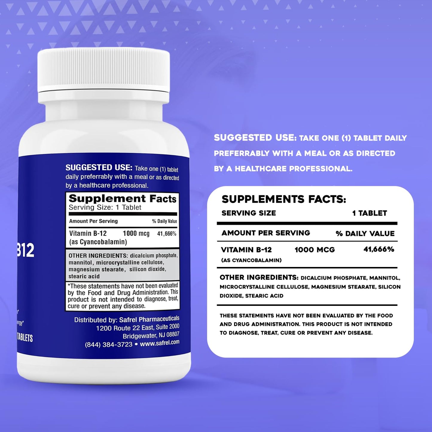 Safrel Vitamin B12 1000 mcg Tablet, 200 Count
