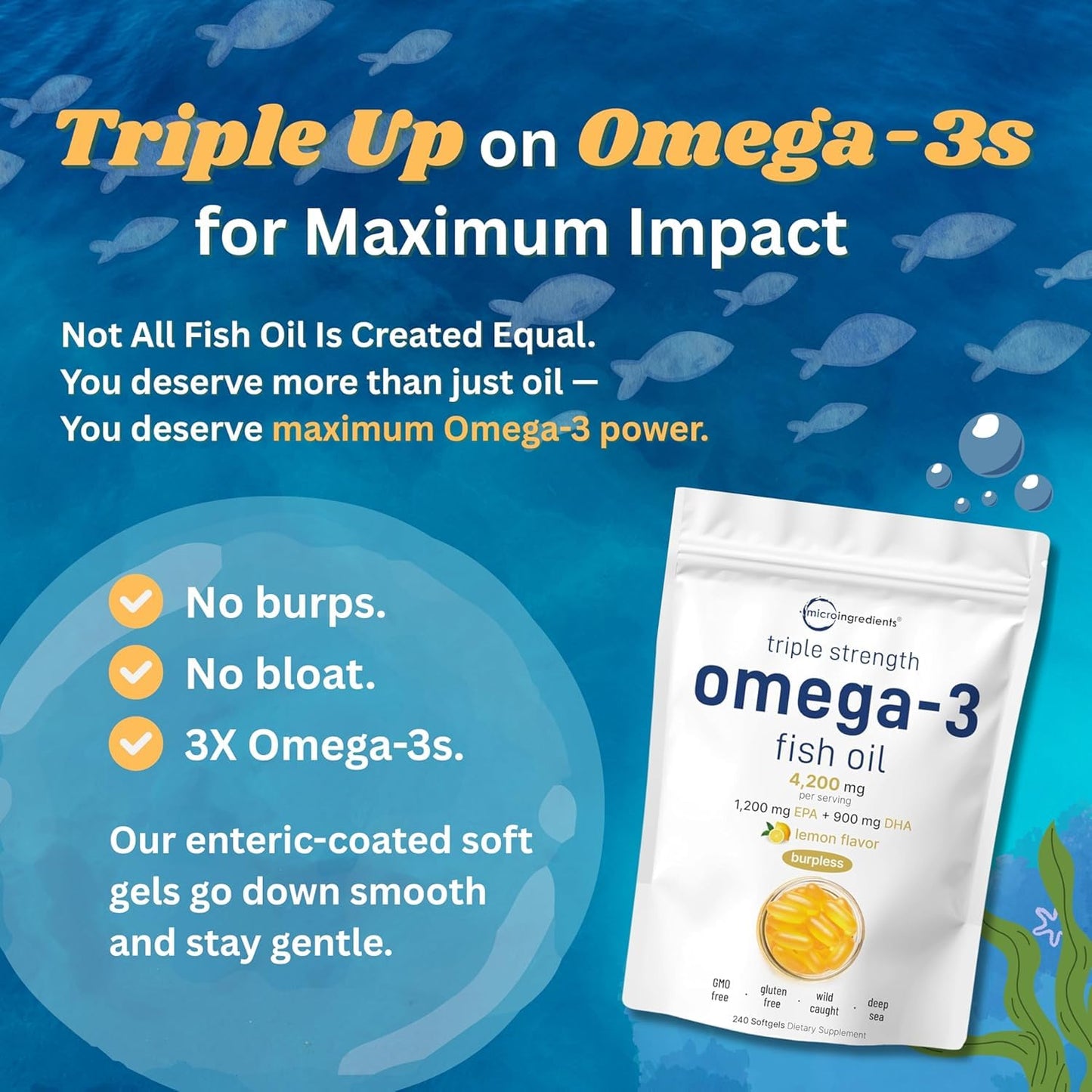 Micro Ingredients Triple Strength Omega-3 Fish Oil Supplements Softgels, 240 Count