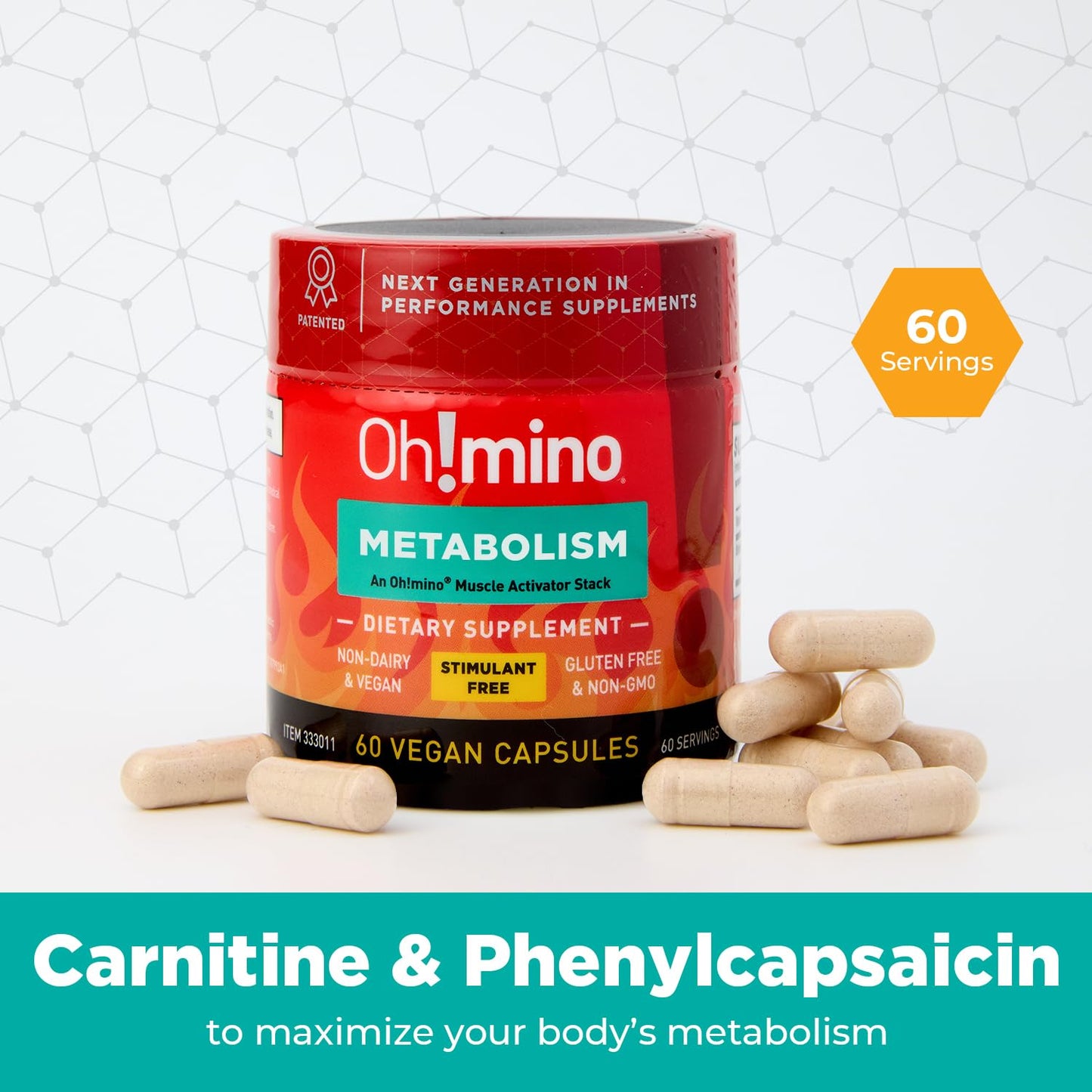 Oh!mino Metabolism Support Supplement for Efficient Fat-to-Energy Conversion with L-Carnitine, Phenylcapsaicin & Vitamin B3 – Vegan, Non-Dairy Capsules, 60 Count