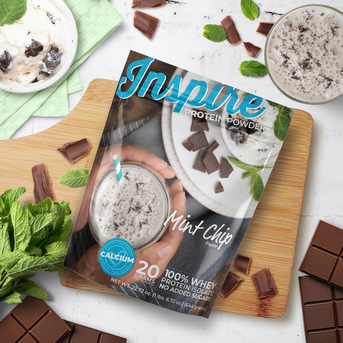 Bariatric Eating Inspire Mint Chip 20g Whey Protein Isolate Powder with Calcium, 20 Servings