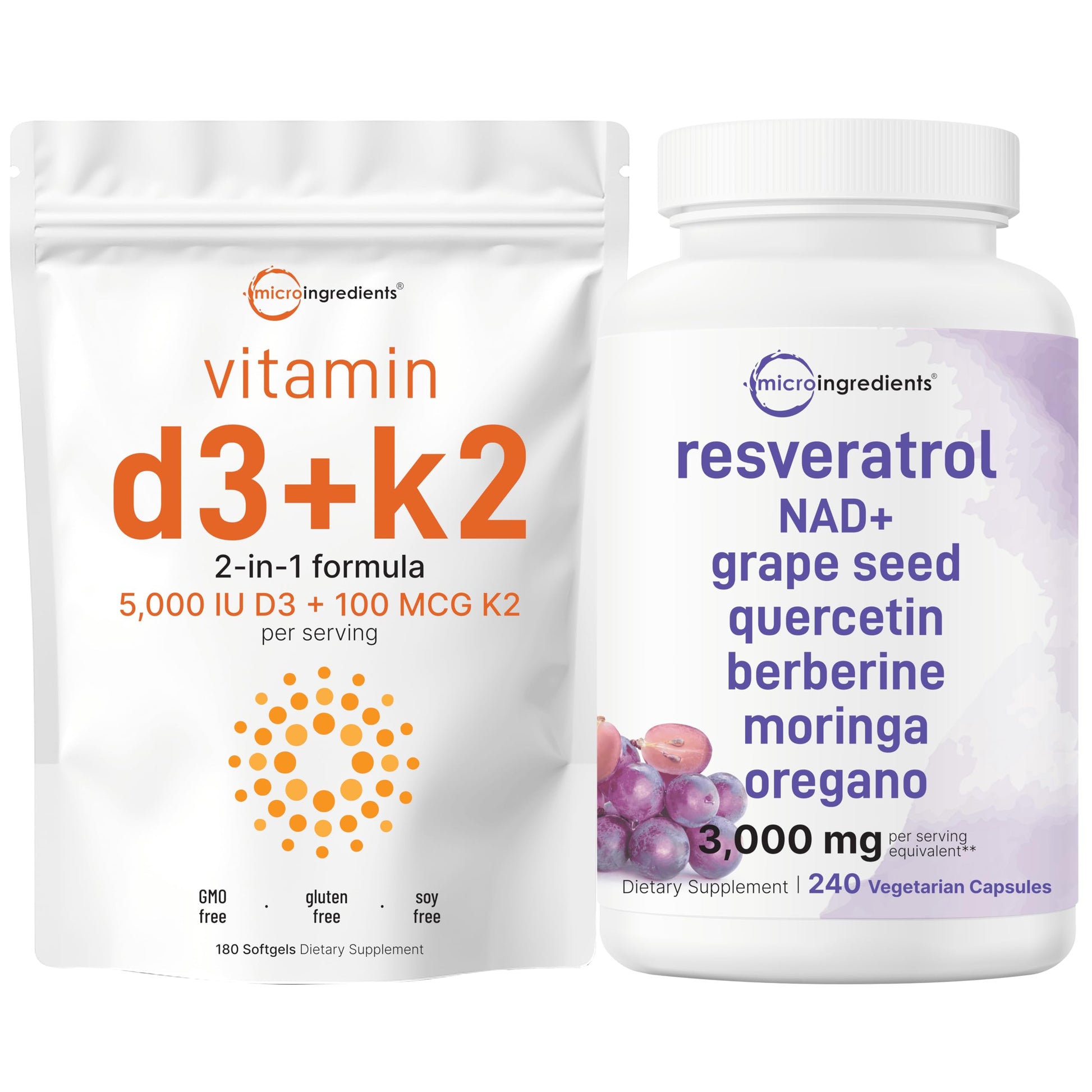 Micro Ingredients Vitamin D3 5000iu + K2 100mcg Softgels & Resveratrol NAD Supplements 3000mg Veggie Capsules, 540 Count