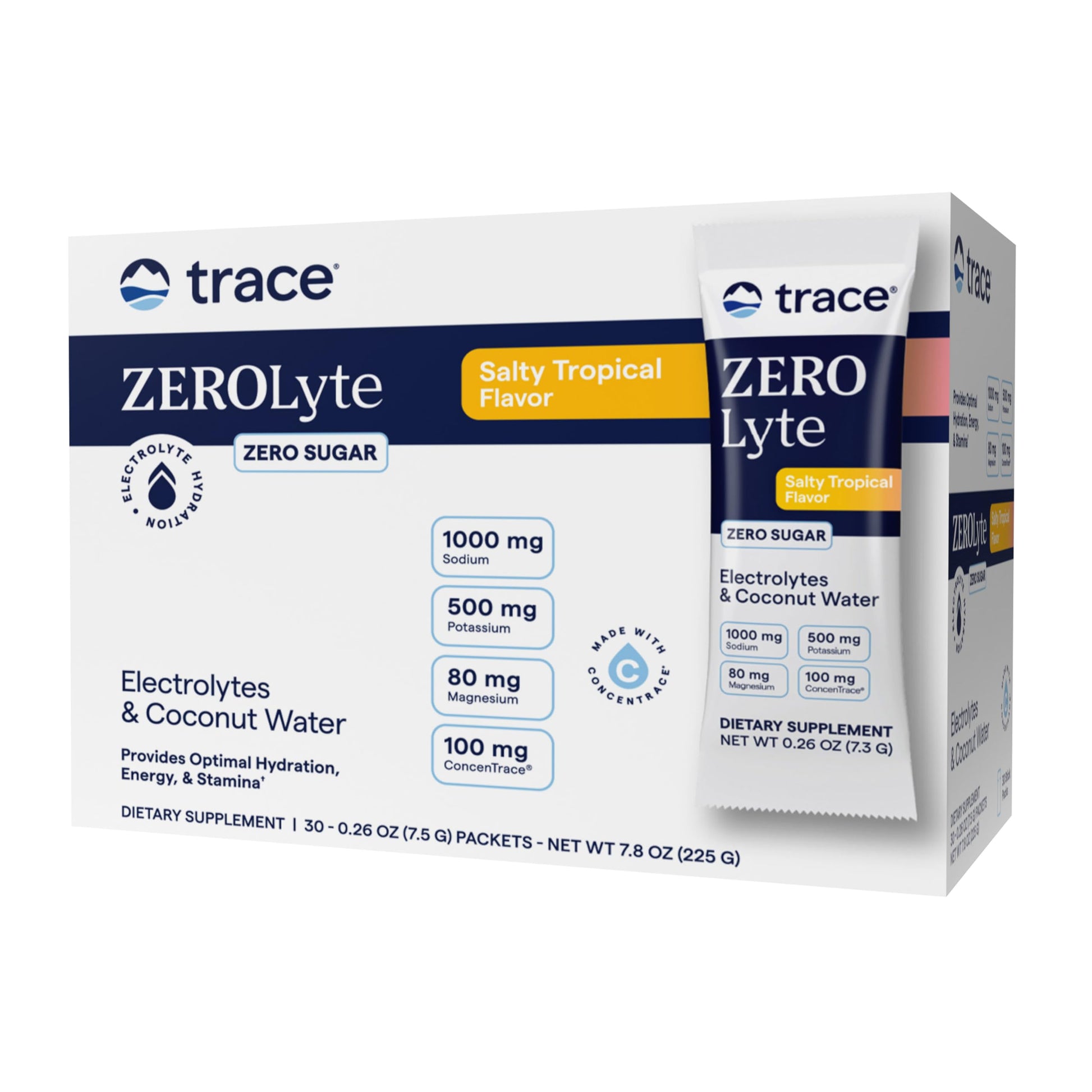 Trace Minerals ZeroLyte Electrolytes & Coconut Water - Zero Sugar - Salty Tropical Flavor, Powder, 30 Count