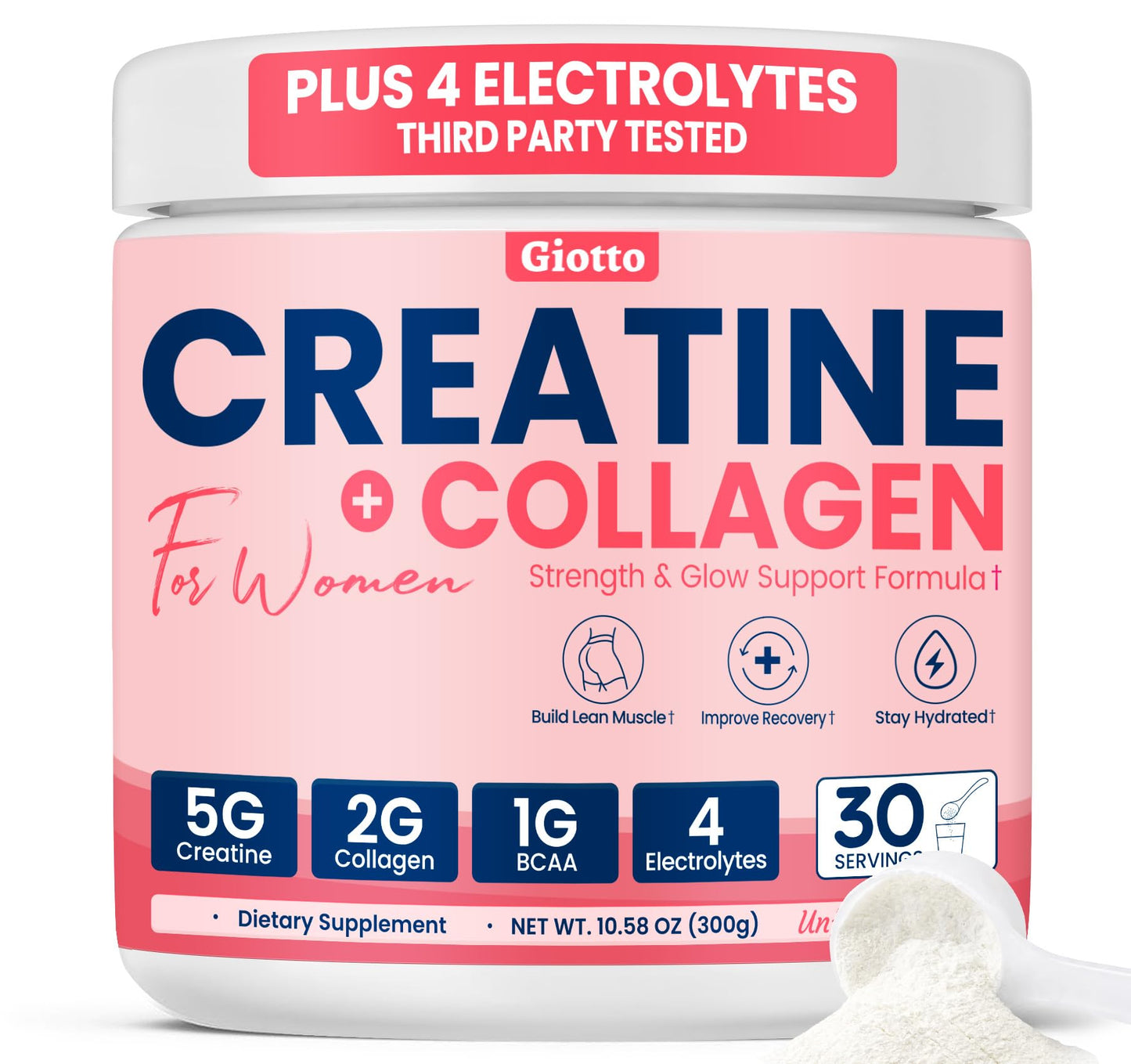 Giotto Creatine Powder for Women – 30 SVG, 5g Monohydrate Creatine with 2g Collagen, 1g BCAAs & Electrolytes for Lean Muscle, Strength & Recovery – Unflavored, 10.6 Ounce