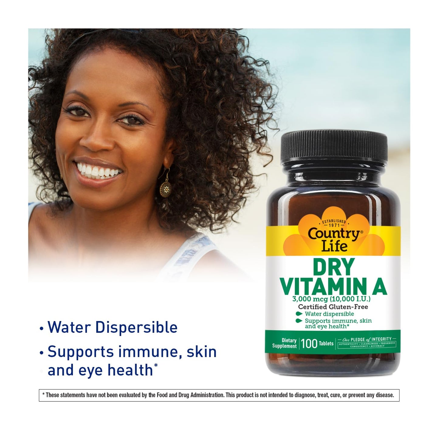 Country Life Dry Vitamin A 10,000 IU Water Dispersible Tablets, 100 Count