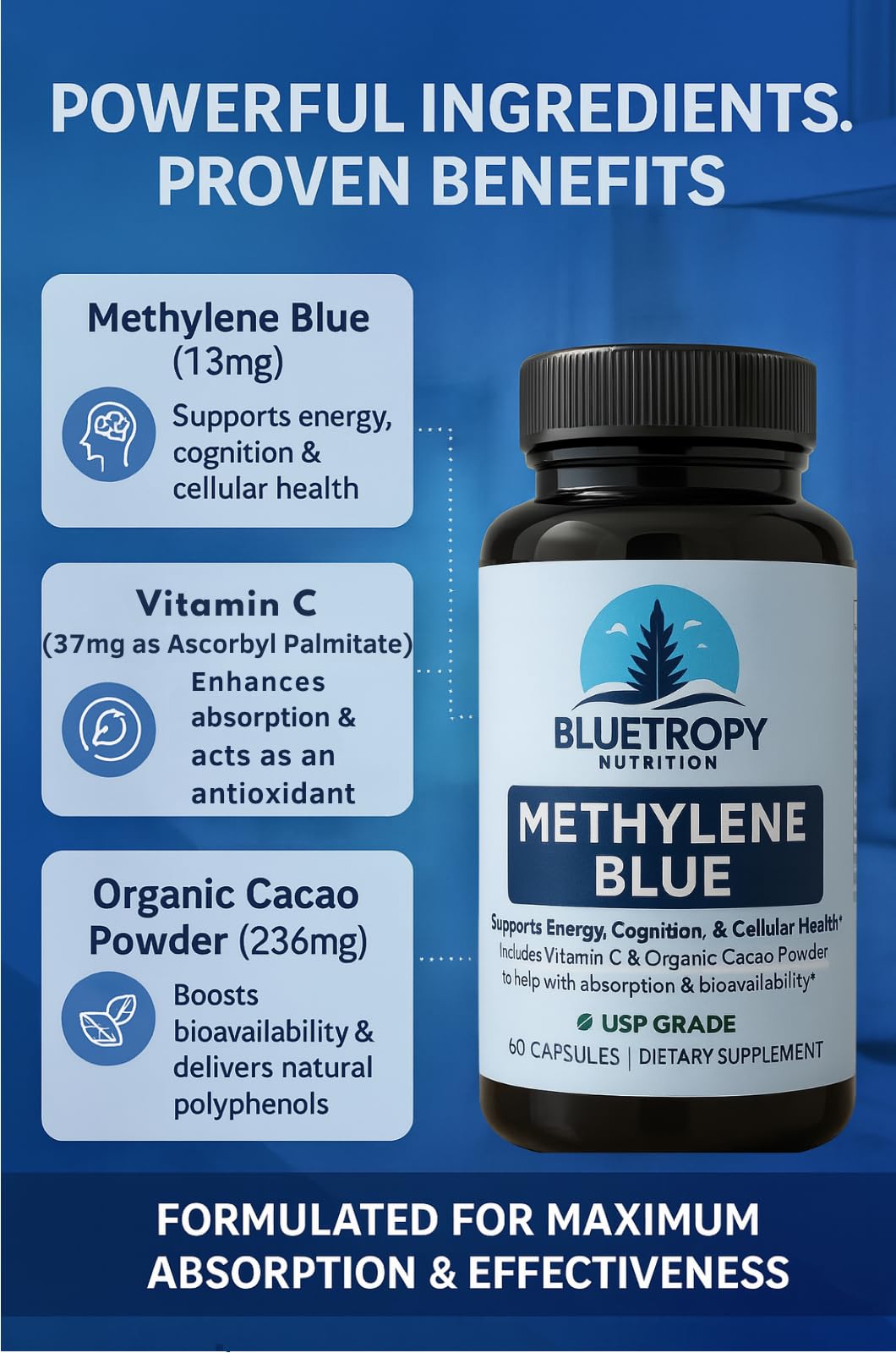 Bluetropy Nutrition Methylene Blue Capsules, 60 Count
