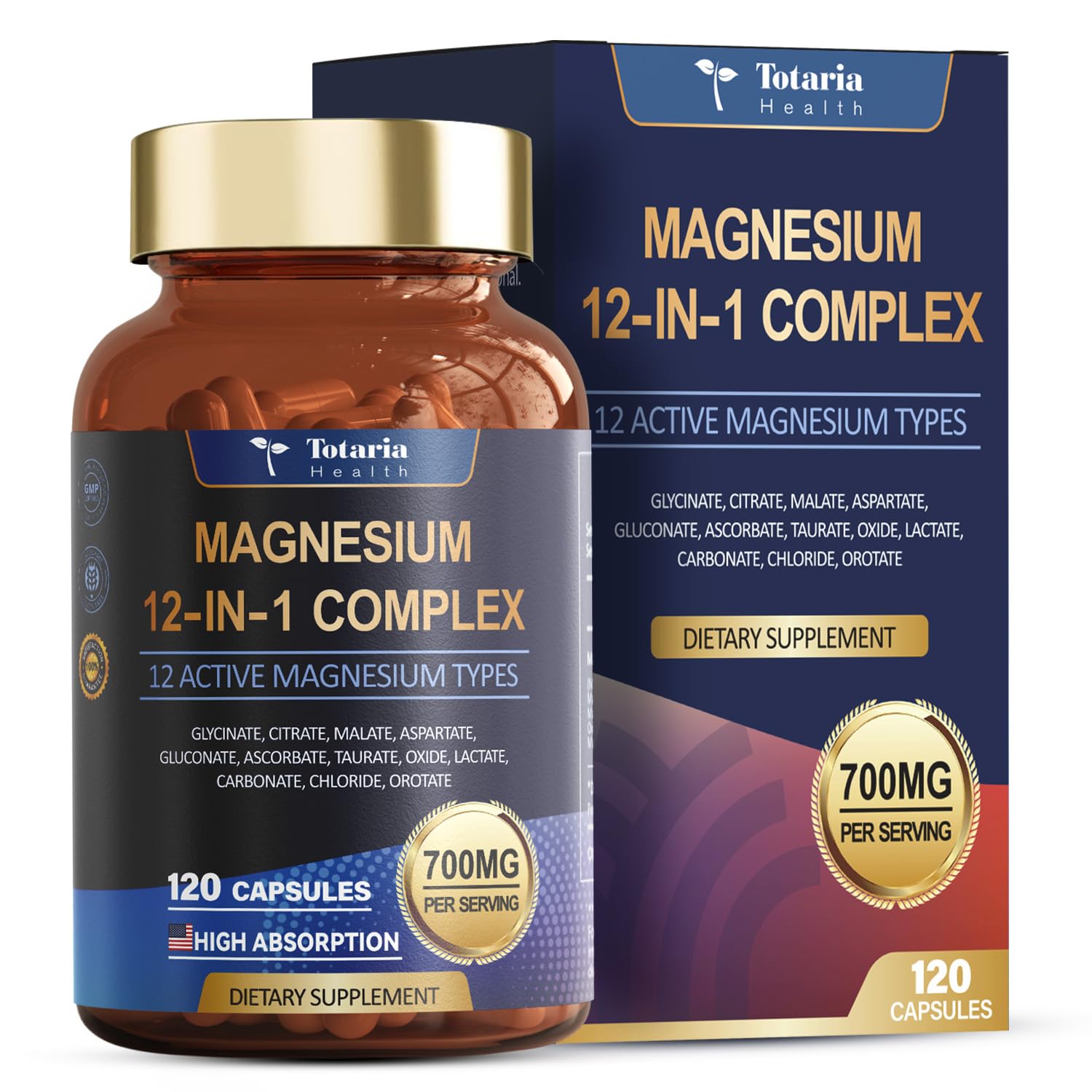Totaria Magnesium Complex 700mg 12 in 1 Magnesium Supplement with Glycinate Citrate Malate Oxide Taurate Aspartate Orotate Capsule 120 Capsules