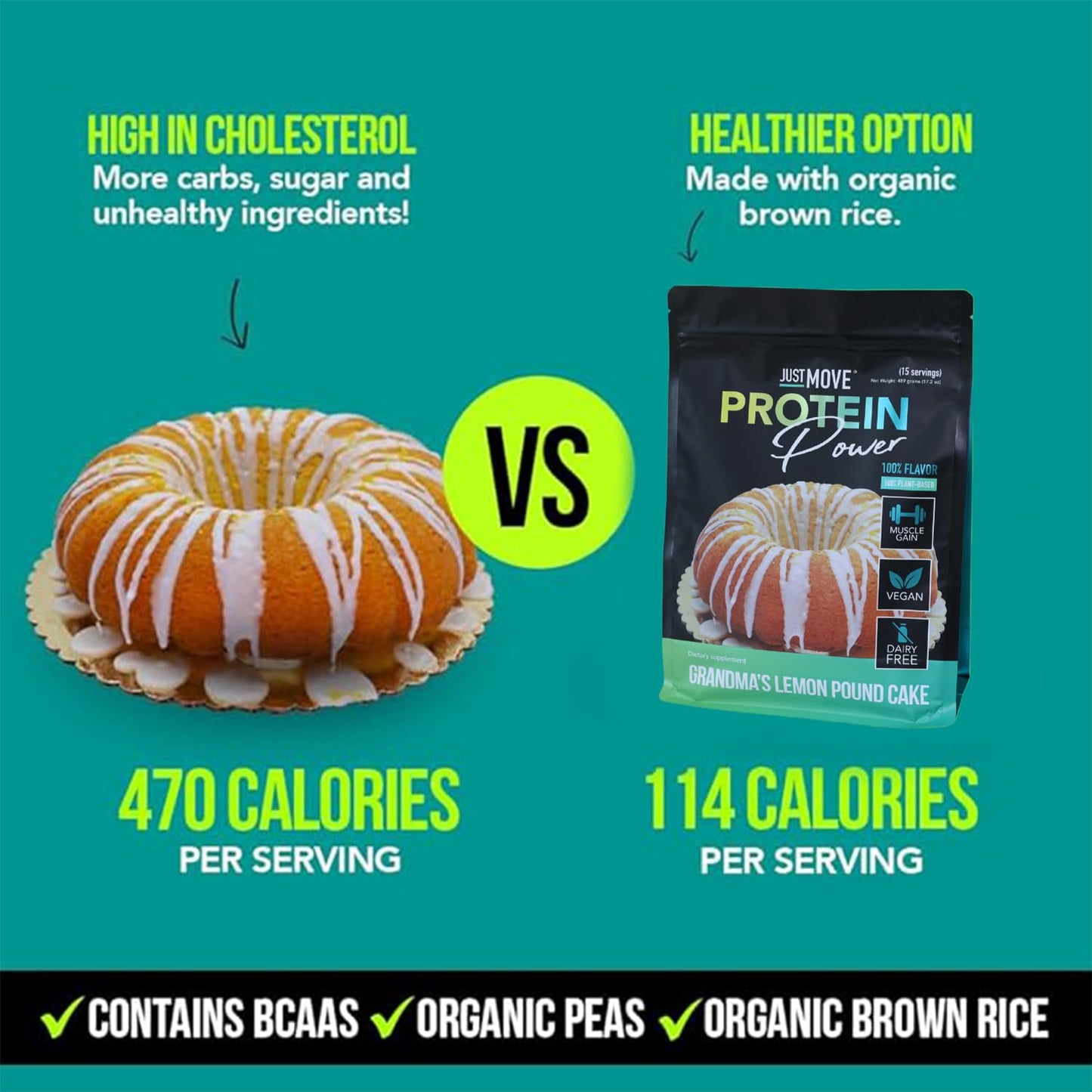 Just Move Protein Powder - Grandma's Lemon Pound Cake - Vegan (Plant Based) - 17.2 oz