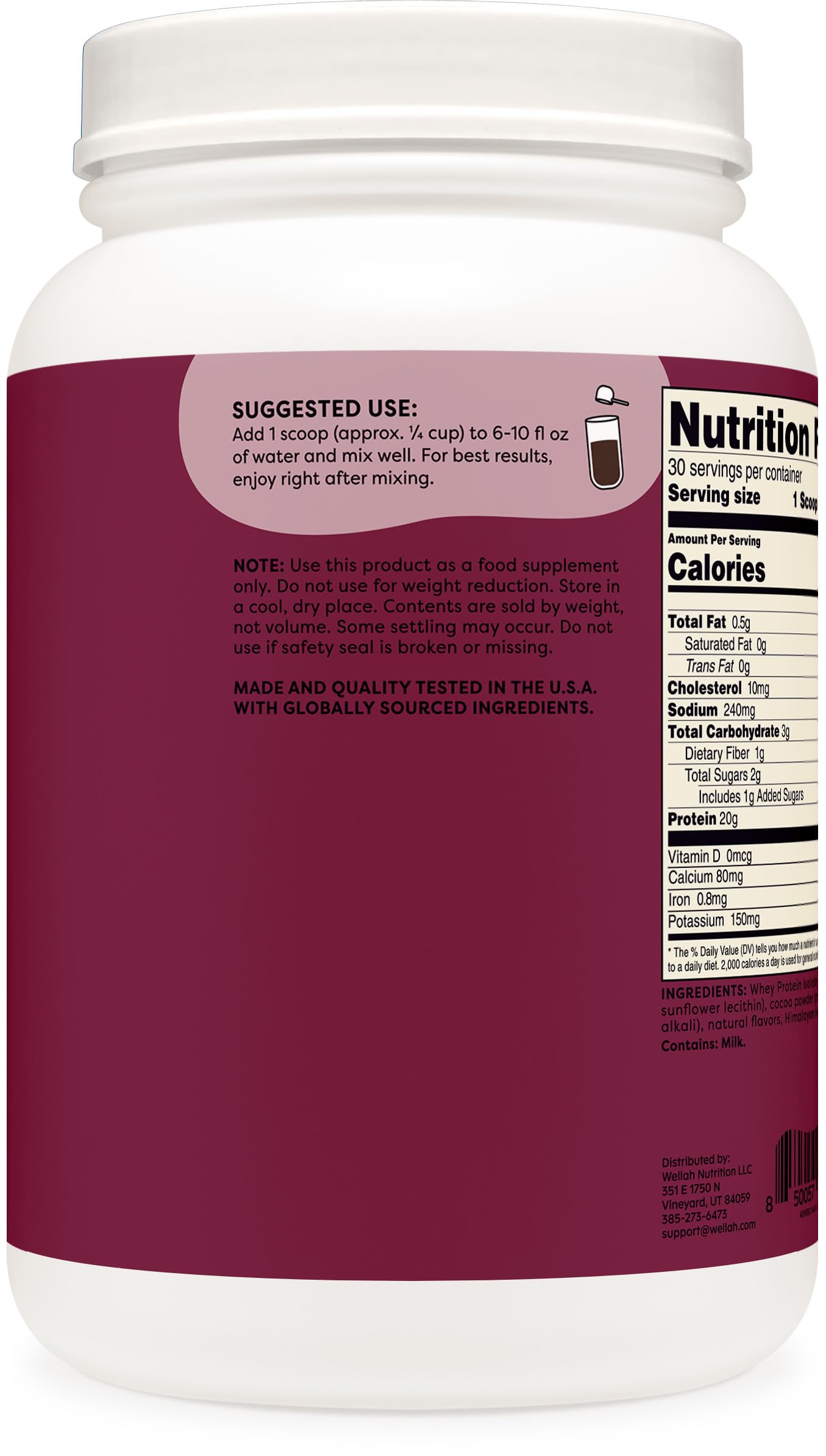 Wellah Protein Your Whey Protein Powder, 30 Servings, Dark Chocolate, 1.71 Pound