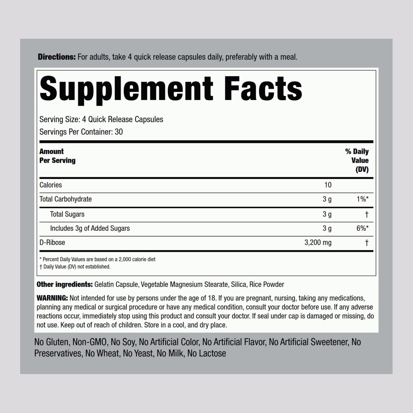 Piping Rock D-Ribose Capsules 3200mg, 120 Capsules