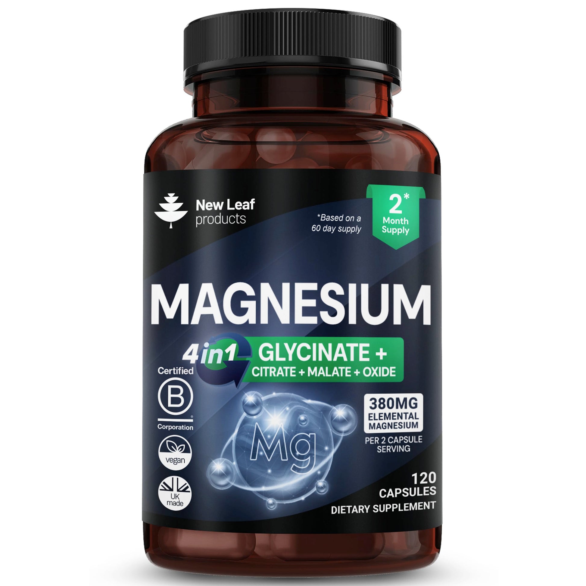 New Leaf Products Magnesium Glycinate 4-in-1 Complex 2000mg - 449mg Elemental Magnesium High Strength Magnesium Supplements - Magnesium Bisglycinate, Citrate, Malate, Oxide - 120 Capsules