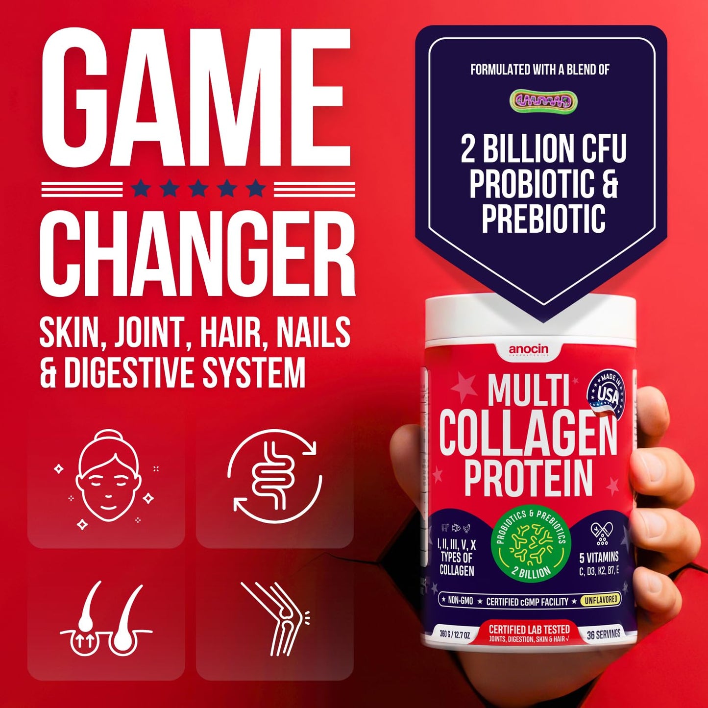anocin Multi Collagen Peptides w/Prebiotic + Probiotics + Type I, II, III, V, X + Hydrolyzed Collagen Powder w/Vitamin C+D3+B7+K2+E Hyaluronic Acid, Supports Skin Hair Nail Joint, Grass-Fed, Non-GMO Powder 12.7 Ounce