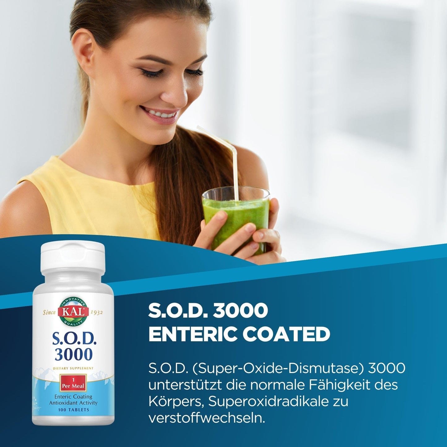 KAL S.O.D. 3000 Antioxidant Supplement 400mg SOD Beef Liver Source Enteric Coated Tablets, 100 Tablets