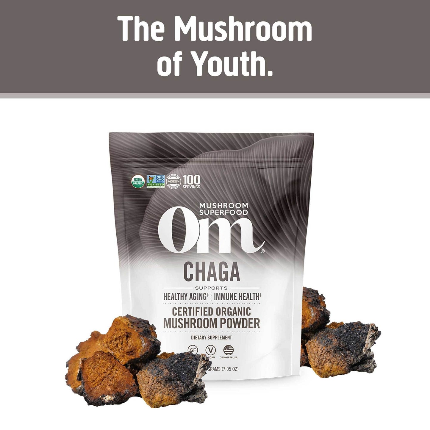 OM MUSHROOM SUPERFOOD Chaga Organic Mushroom Powder, 7.05 Ounce