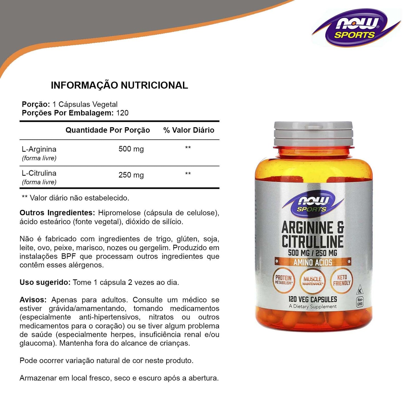 NOW Foods Arginine 500 mg with Citrulline 250 mg Capsules, 120 Count