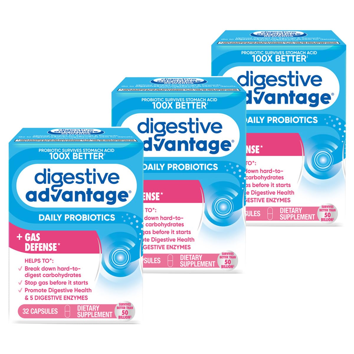 Digestive Advantage Fast Acting Enzymes + Daily Probiotic Prevent Gas & Break Down Food Particles 96 Capsules