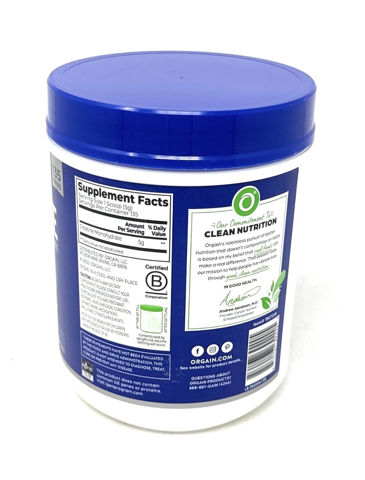 Orgain Micronized Creatine Monohydrate Powder, Unflavored, 23.8 oz