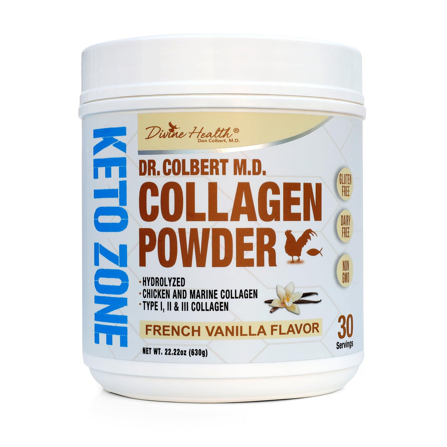 Divine Health Hydrolyzed Collagen Powder Vanilla Flavor, Type I, II, III Chicken & Marine Collagen, 22.2 oz