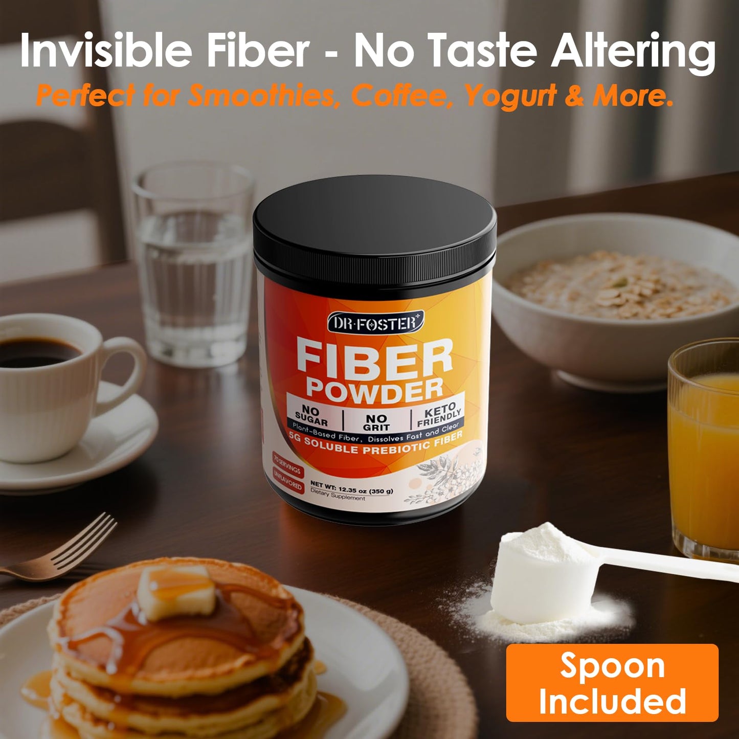 DRFOSTER Prebiotic Fiber Powder Unflavored - Soluble Fiber Supplement with Acacia Fiber & Inulin, 12.35 Ounce
