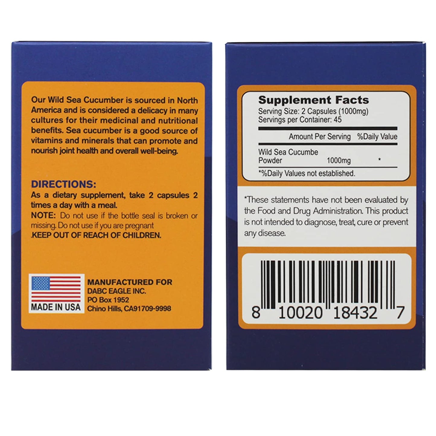 DABC OAK LAND Sea Cucumber Wild-Caught Capsule Supplement, 270 Capsules