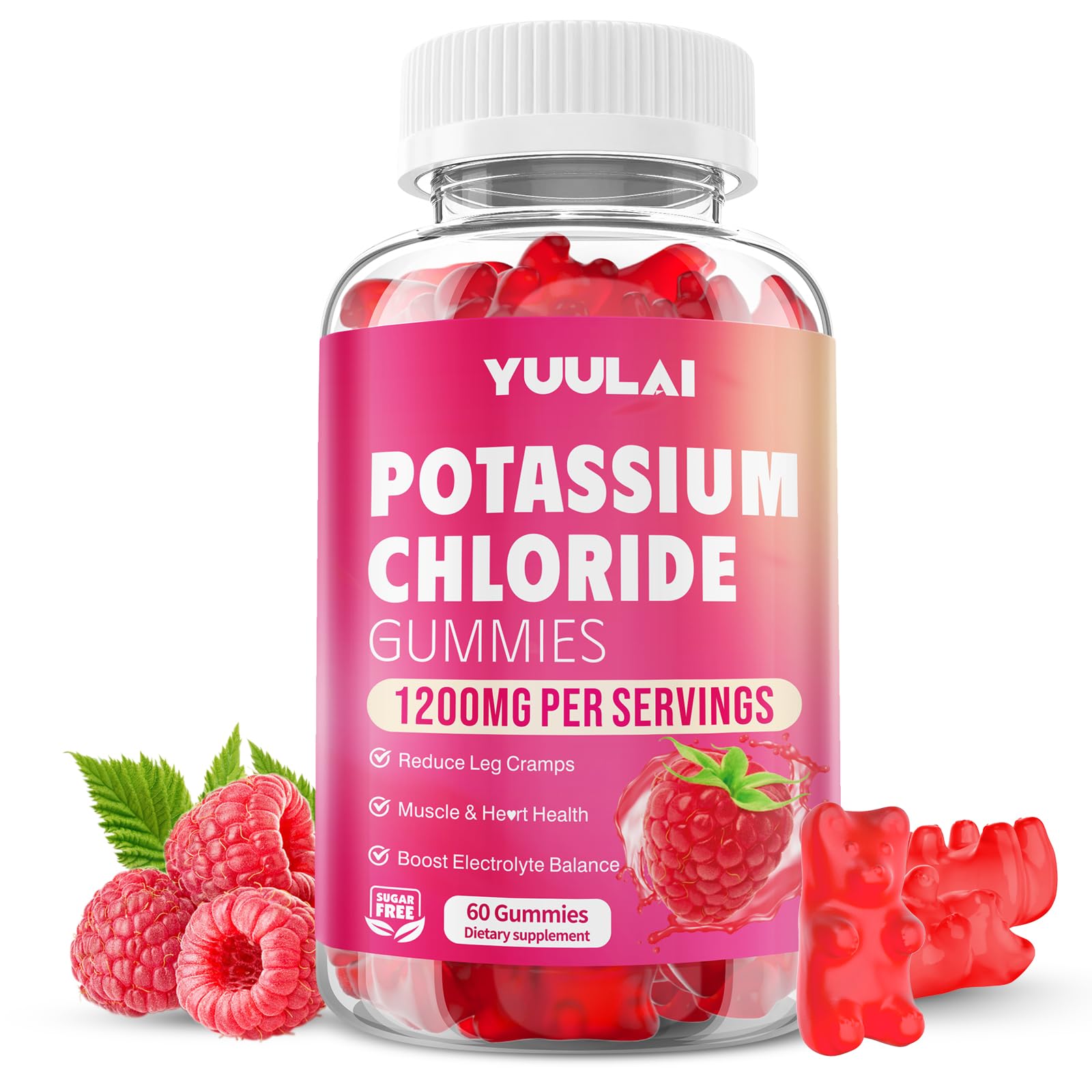 YUULAI Potassium Gummies 1200mg Potassium Chloride, Sugar-Free Raspberry Flavor, Gummy, 60 Count