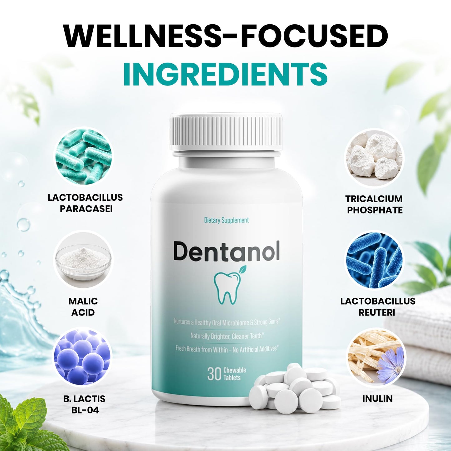 DENTANOL Oral Probiotic Supplement Arctic Pine Resin & 4 Probiotic Strains – Supports Gum Health, Fresh Breath & Oral Microbiome Balance, 180 Chewable Tablets