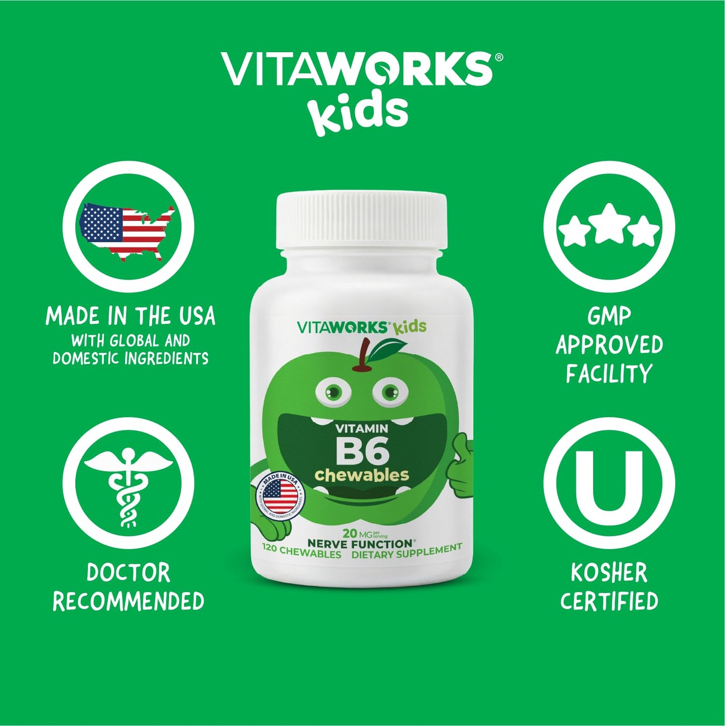 VitaWorks Vitamin B6 for Kids Chewable Tablets, 20 mg Pyridoxine HCl, 120 Count