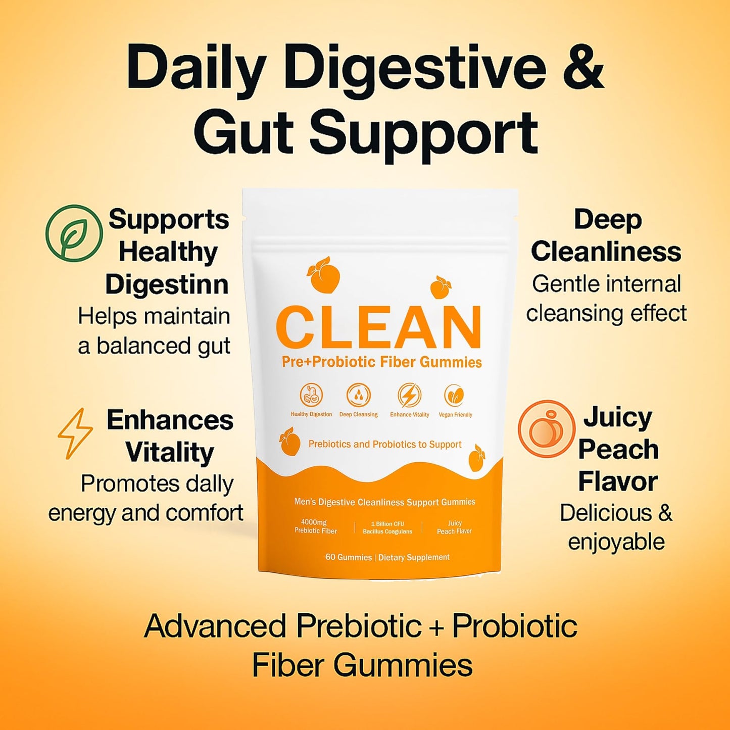 NEWUREHO Clean Prebiotic Fiber Gummies for Men - Peach Flavor, Pre+Probiotic Fiber, Gut Balance & Digestive Support, 3 Count
