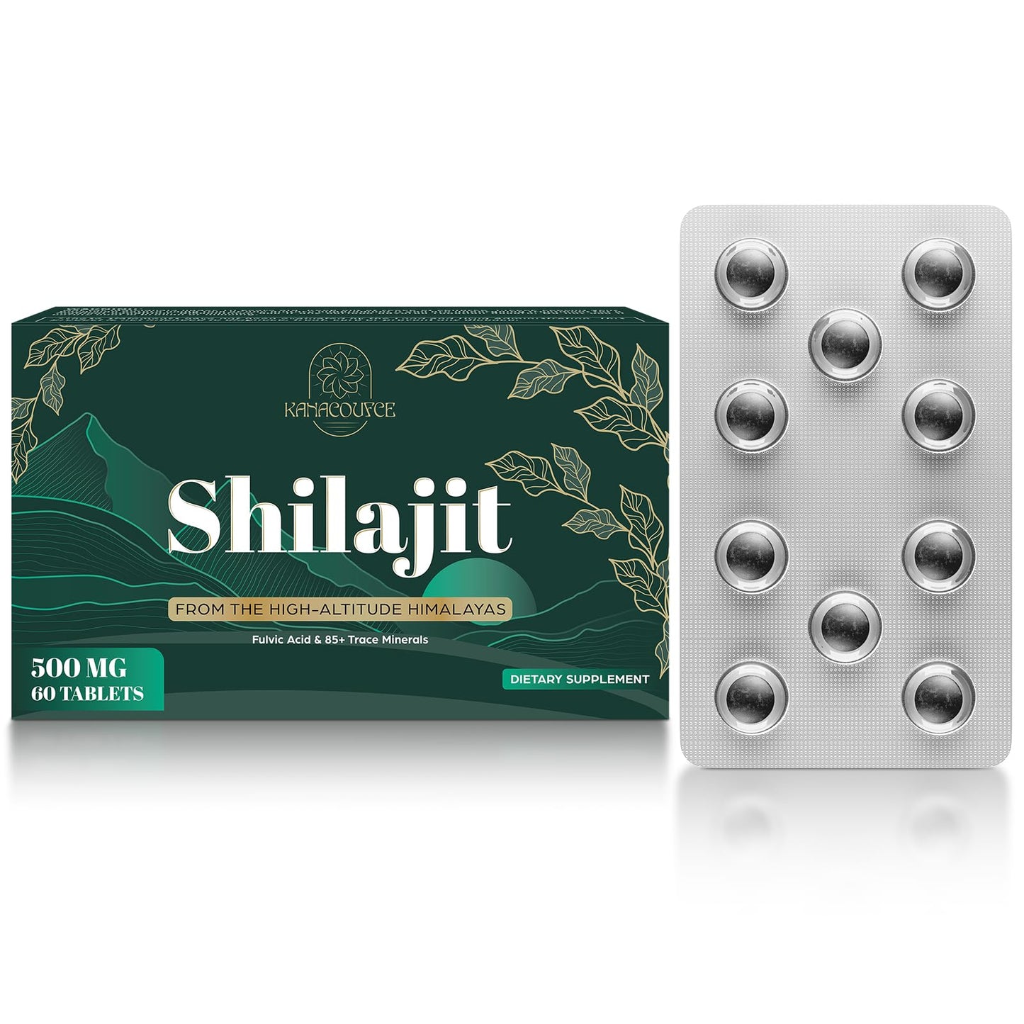 Kanacoufce Shilajit Tablets, Himalayan Organic Shilajit with Fulvic Acid & 85+ Trace Minerals, 60 Tablets