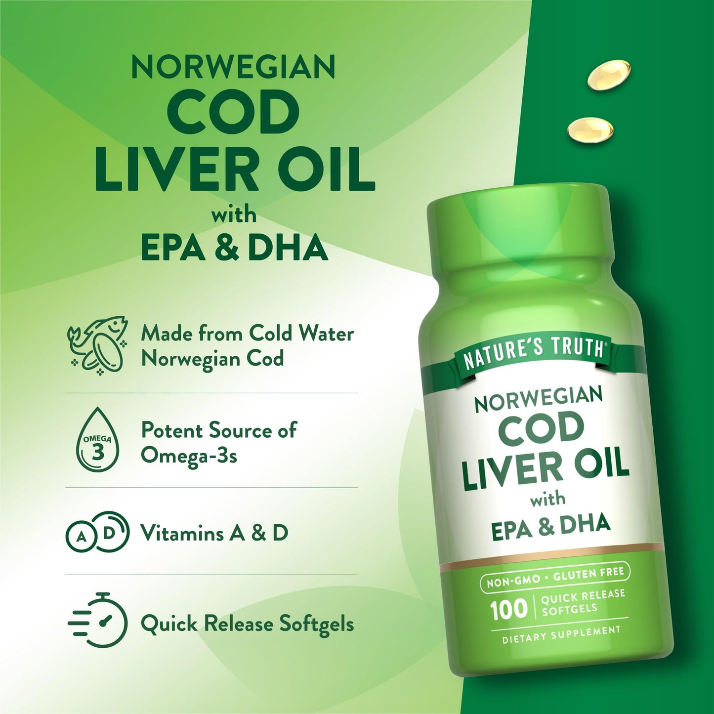 Nature's Truth Norwegian Cod Liver Oil Softgels with EPA & DHA, 100 Count