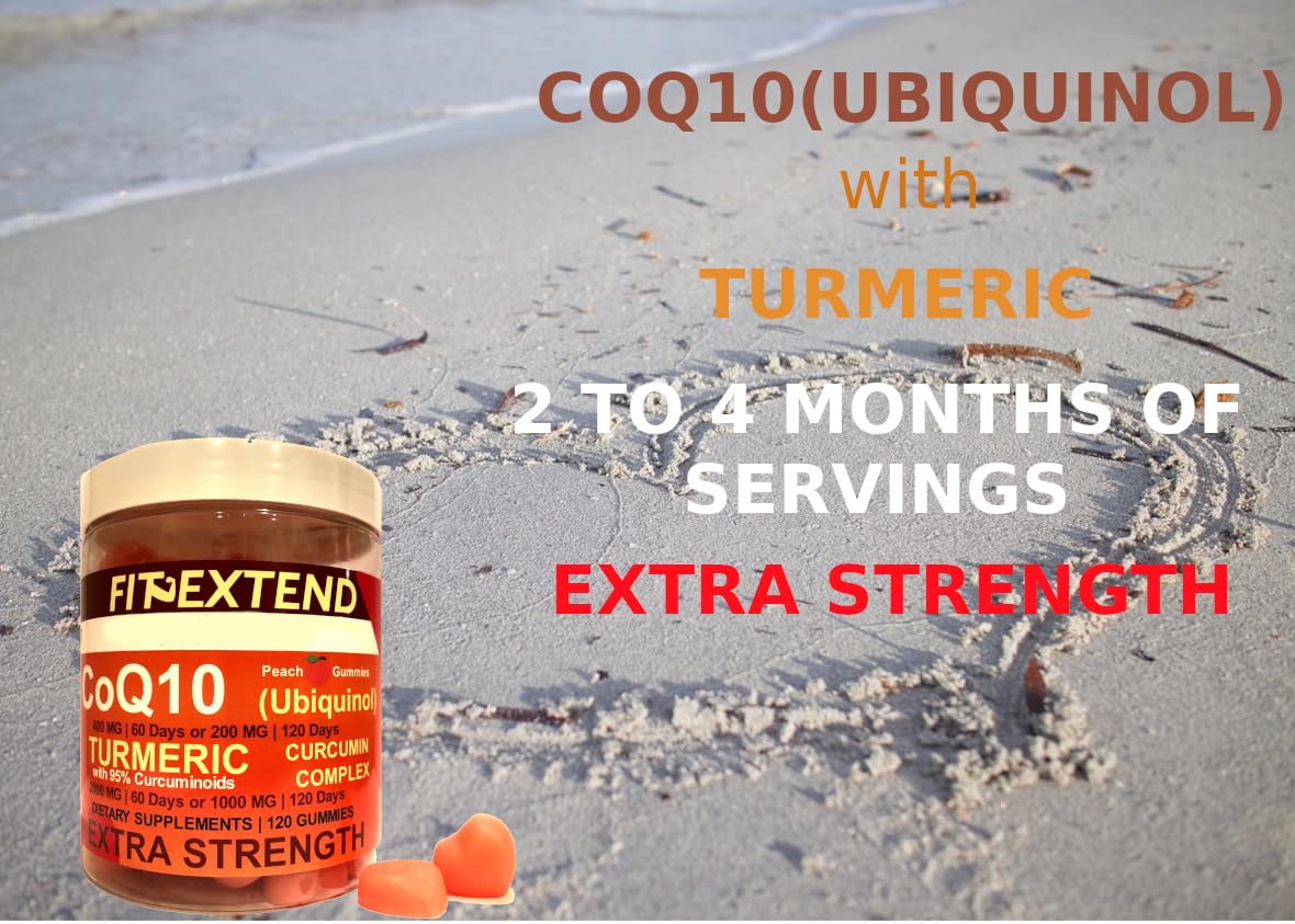 FIT EXTEND CoQ10 Ubiquinol & Turmeric Gummies 200mg CoQ10, 1000mg Turmeric, Peach, 120 Count