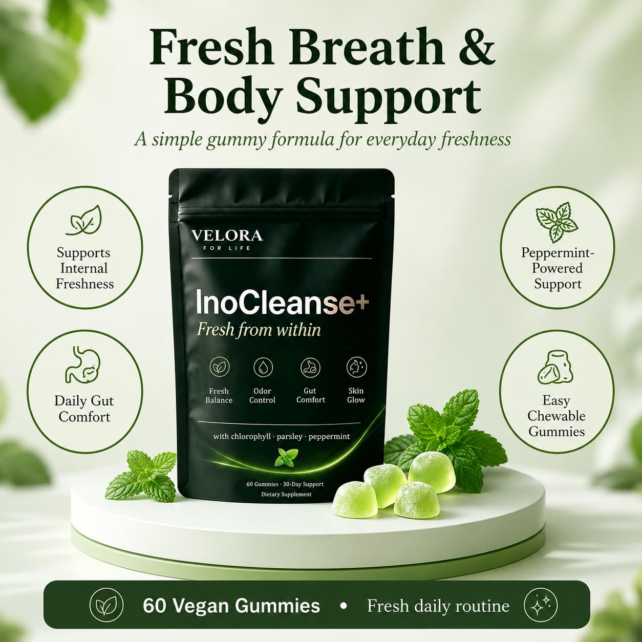 Pillow Daddy Chlorophyll Gummies Inocleanse+ Fresh Breath & Body Deodorizing Supplement with Chlorophyll, Parsley & Peppermint Extracts, 60 Vegan Gummies
