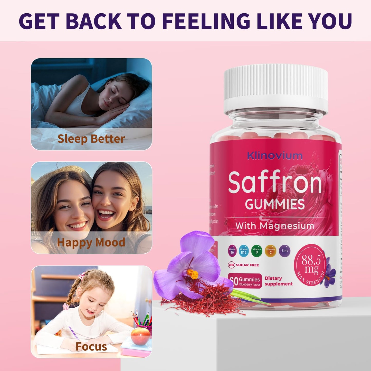 Klinovium Saffron Gummies with Saffron 88.5mg + Magnesium Glycinate 300mg, 60 Count
