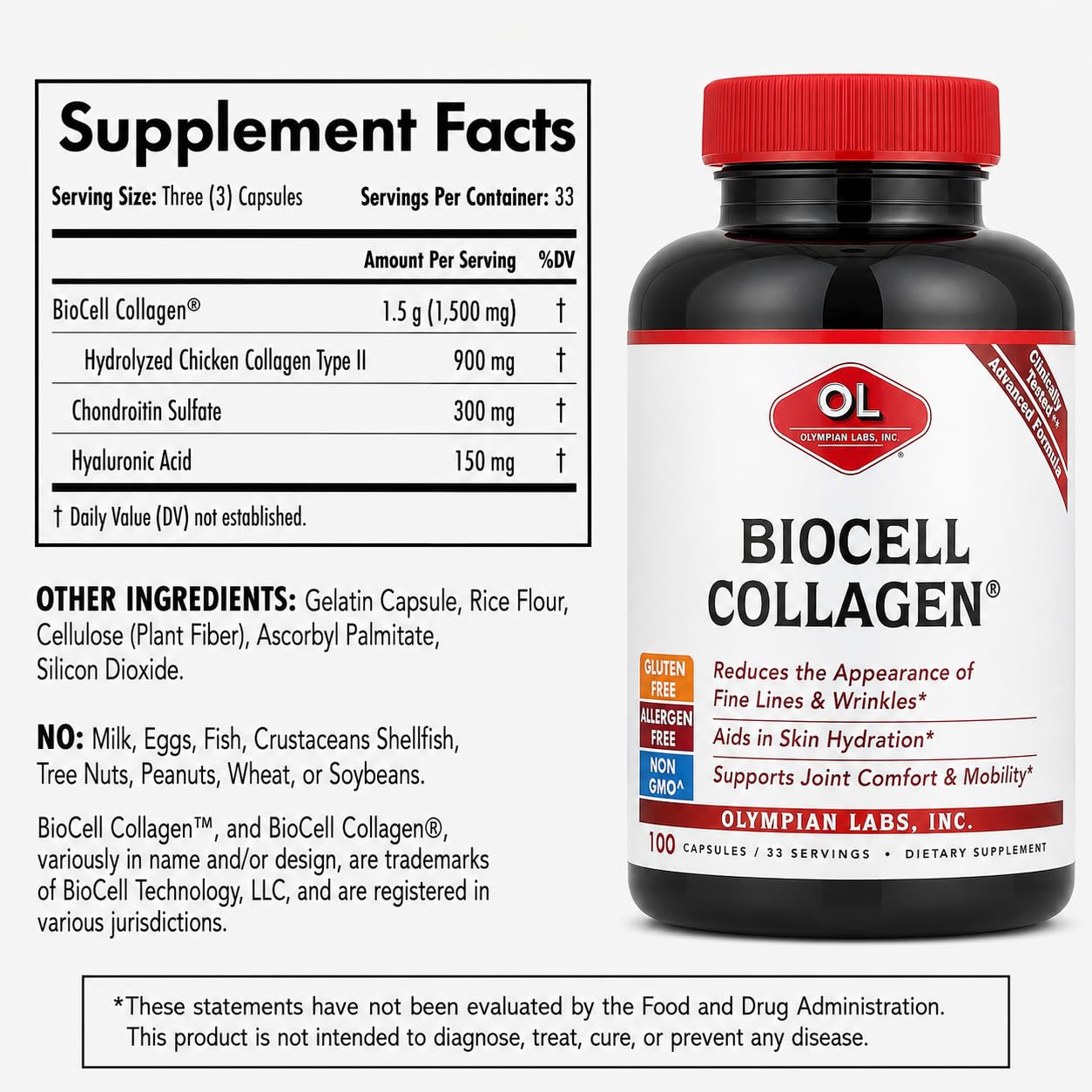 Olympian Labs Biocell Collagen II 1500mg Supplement Capsules, 100 Count