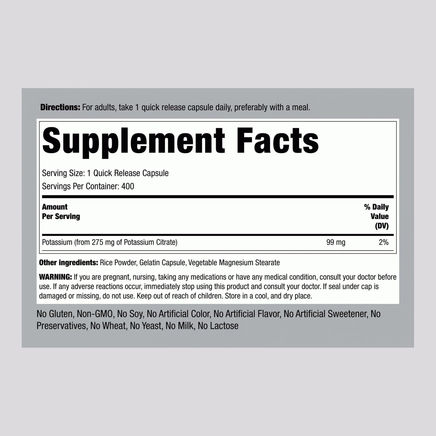 Piping Rock Potassium Citrate Supplement Capsule, 400 Capsules